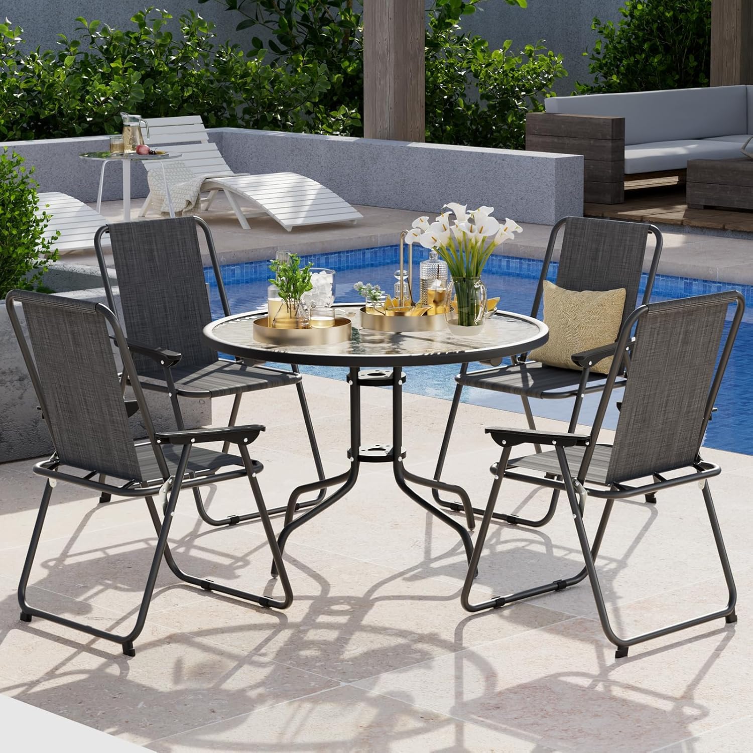 UDPATIO Folding Patio Chairs Set, Patio Dining Chairs Set of 4 and 31.5" Metal Table with 1.57" Umbrella Hole, Black