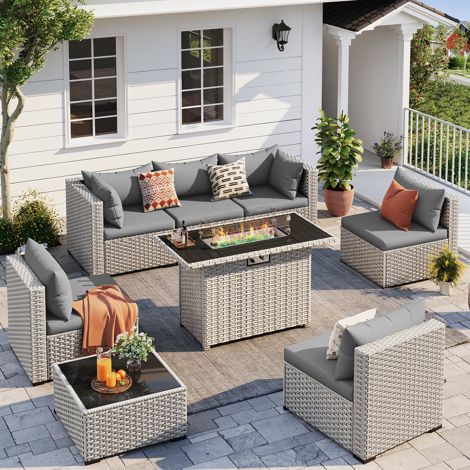 UDPATIO Patio Furniture Set with Fire Pit Table, 8 Pieces Outdoor Sectional Sofa, PE Wicker Patio Conversation Set for Garden, Backyard Green