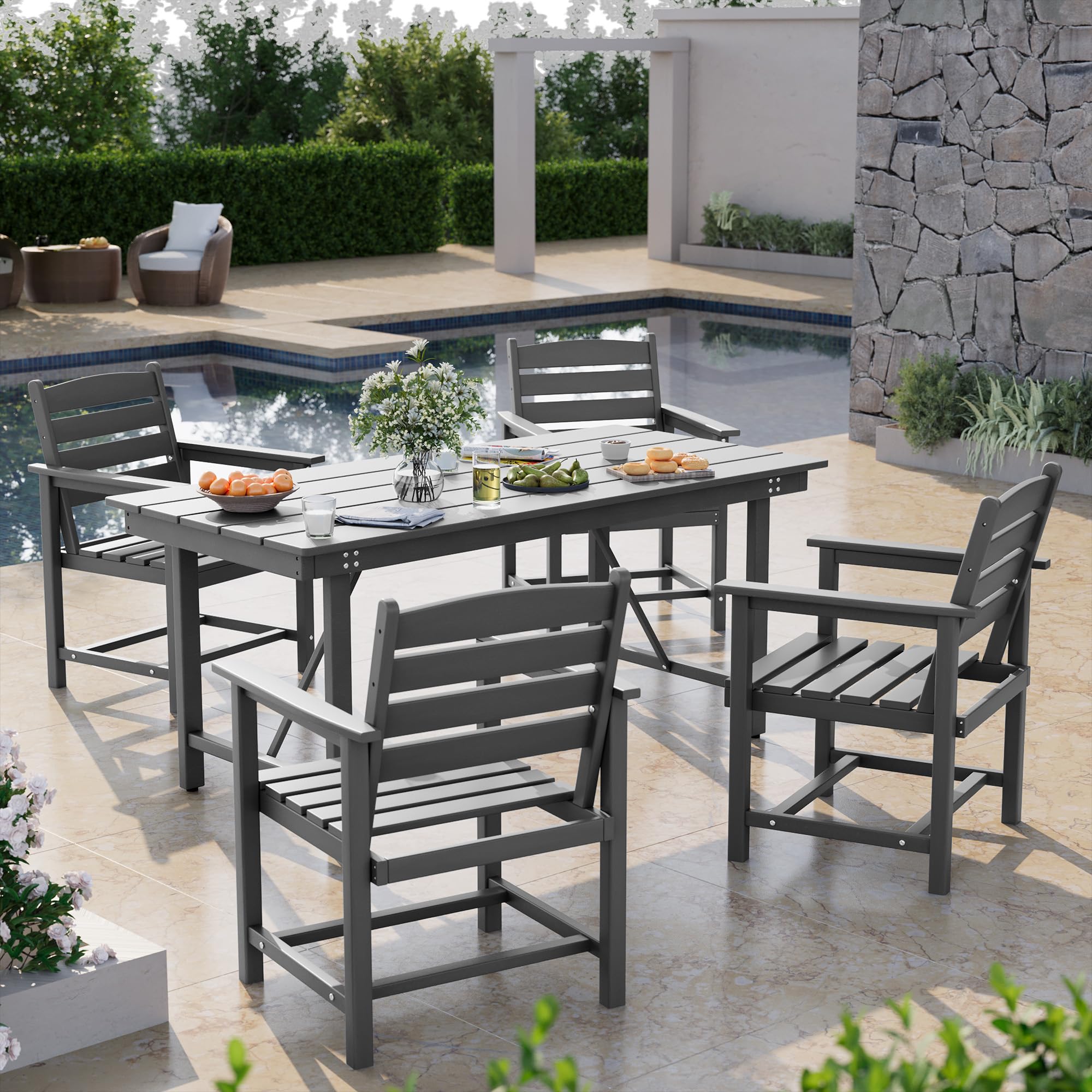 UDPATIO Outdoor HDPE Dining Table Set, 5 Piece Outdoor Dining Table Sets with Umbrella Hole Cut-Out Table and 4 Chairs, Gray