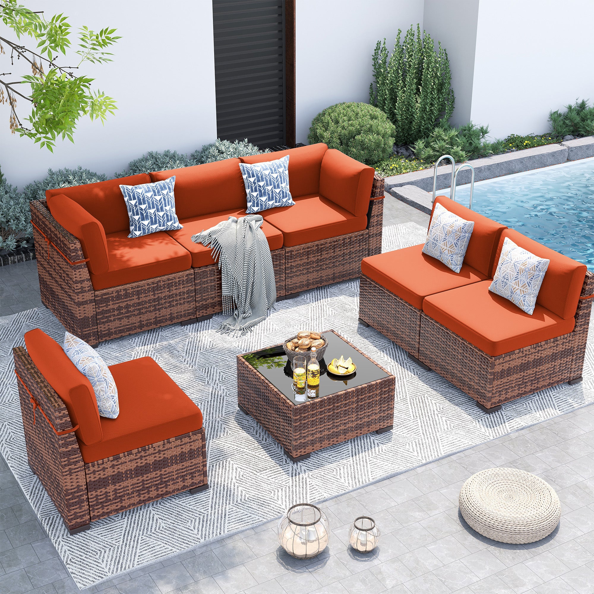 UDPATIO Patio Furniture Set,7 Pieces Outdoor Rattan Sectional Set,Modular Slanted Back Patio Conversation Set Heavy Duty Wicker Sofa for Backyard, Deck W/Coffee Table,4'' Thick Cushions,Cover