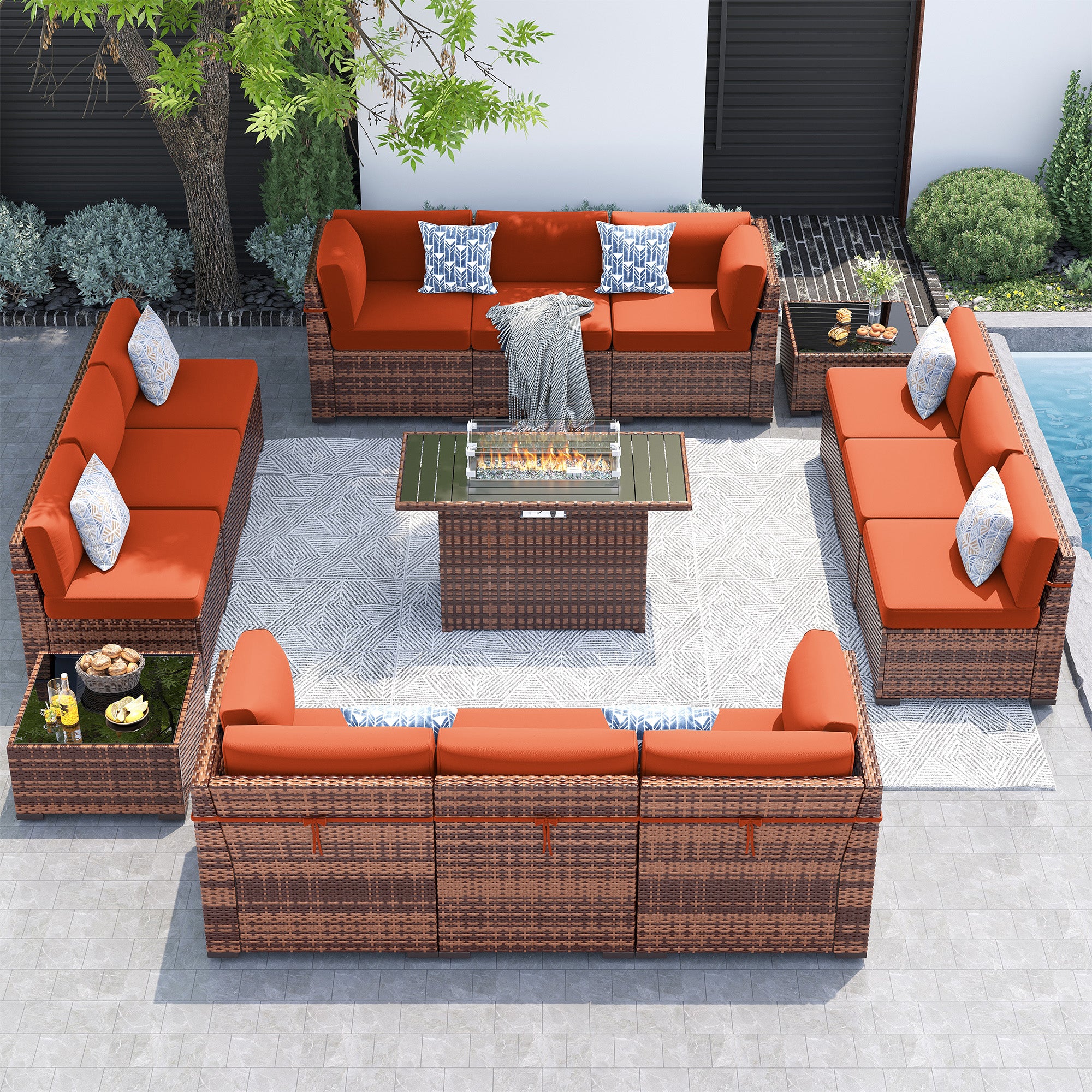 UDPATIO Patio Furniture Set With 44'' Fire Pit Table,Modular Outdoor Furniture Sets,Slanted Back Outdoor Sectional Conversation Set PE Rattan Sofa for Backyard W/Coffee Table,4'' Cushions,15PCS