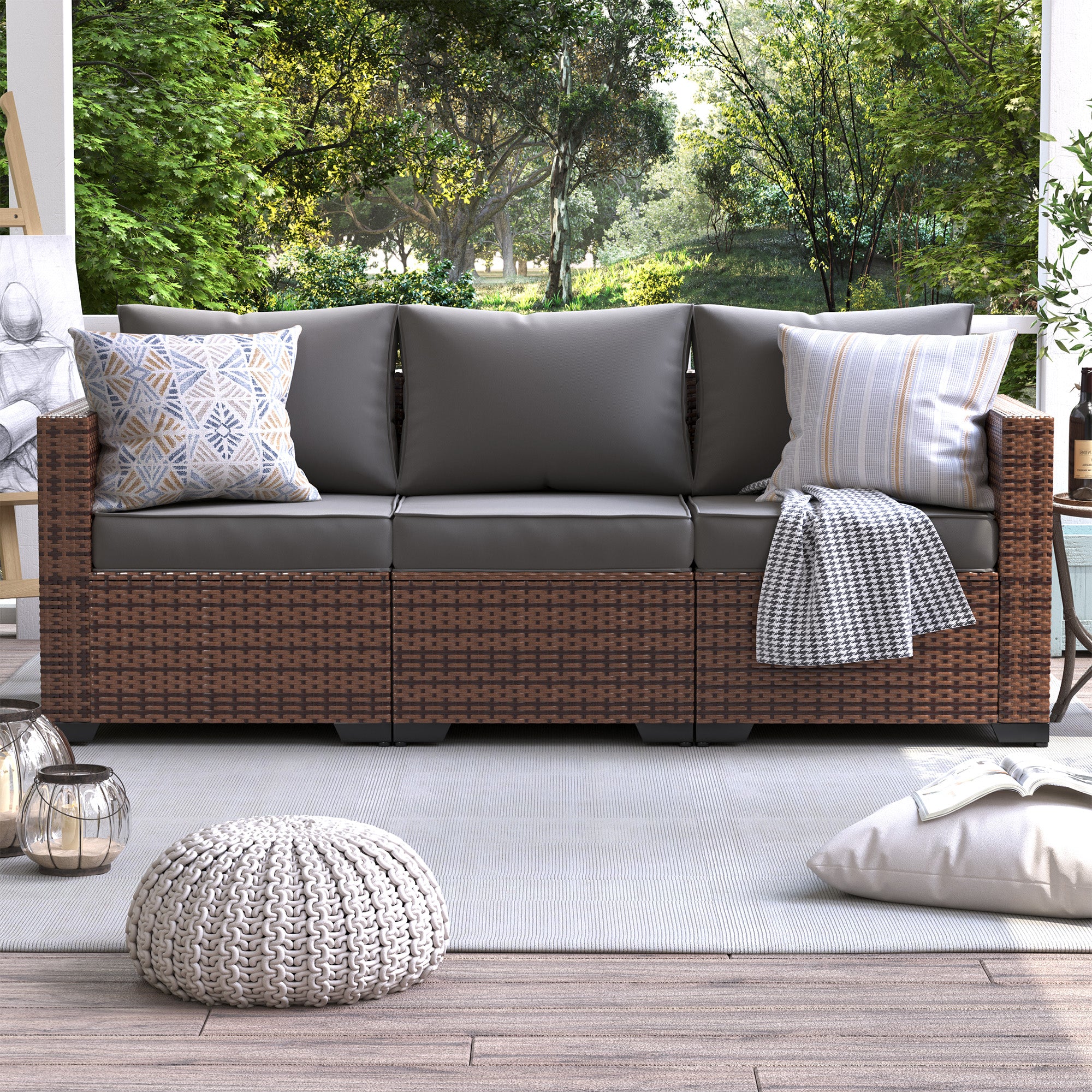 UDPATIO 3-Seat Patio Wicker Sofa, Outdoor Rattan Sectional Couch Furniture Steel Frame w/Furniture Cover Non-Slip Cushion and Deep Seating High Back