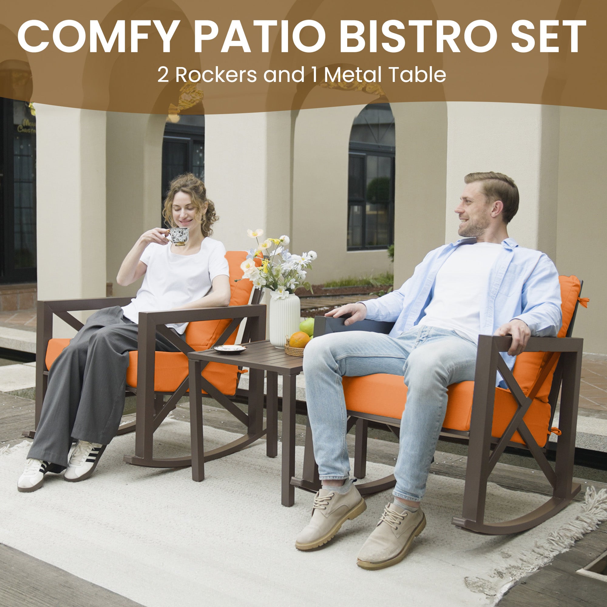 UDPATIO Rocking Chair Outdoor Set 2 with Coffee Table, 3 Piece Metal Rocking Bistro Set with 6.5" Water-Resistant Cushions, Oversized, 350lbs Heavy-Duty, for Porch, Patio, Balcony