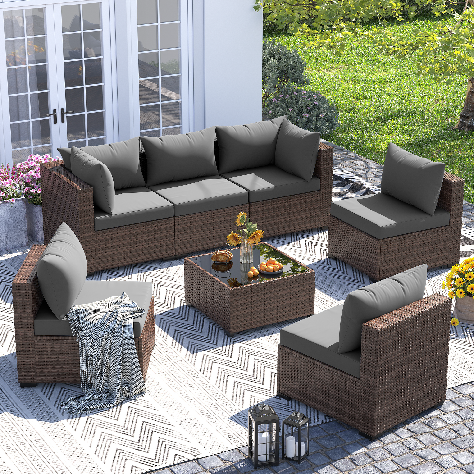 UDPATIO Patio Furniture Set, Outdoor Sectional Sofas with Wicker Coffee Table, Outdoor Patio Conversation Set for Garden, Backyard Dark Grey
