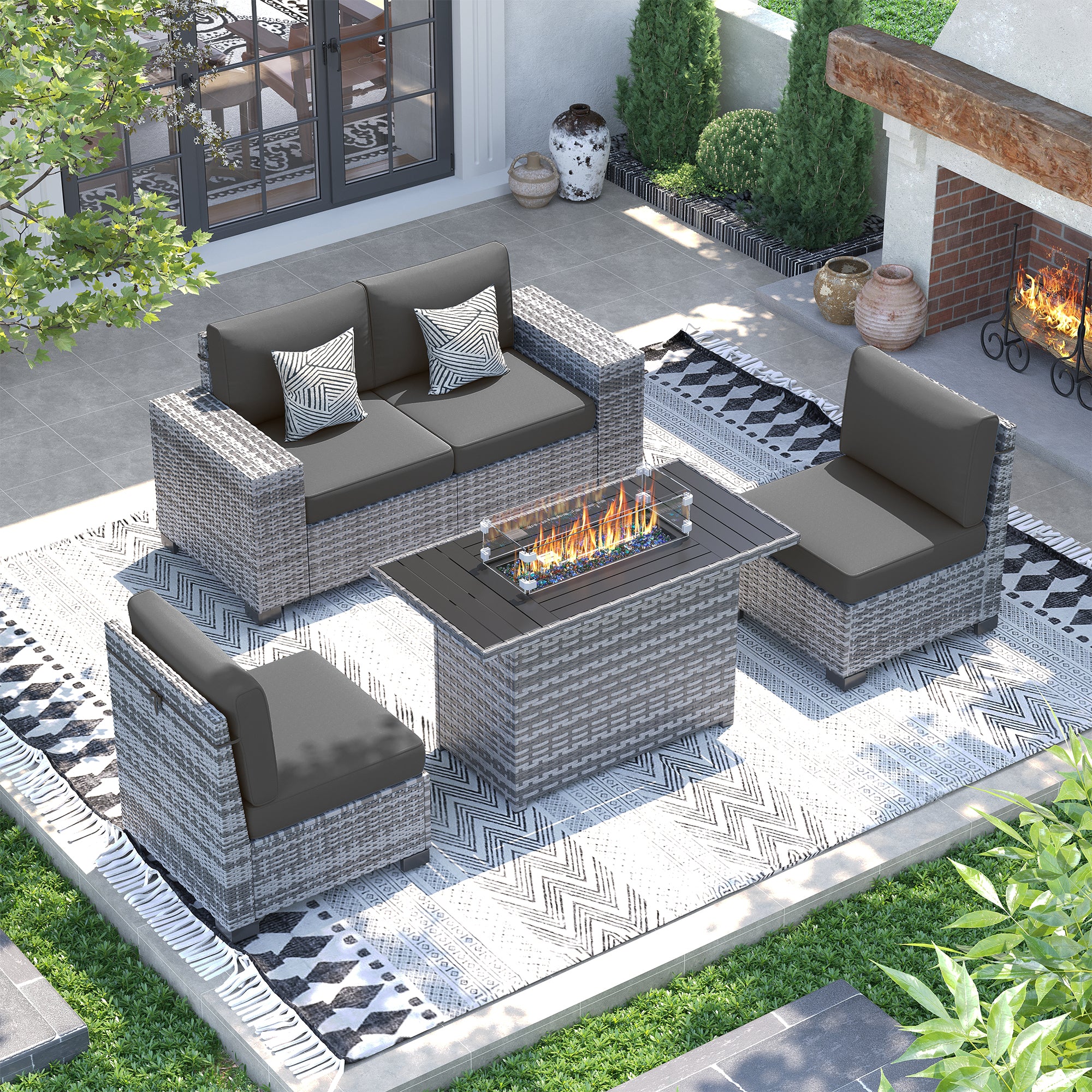 UDPATIO 5 Piece Patio Furniture Set with Fire Pit Table, 8''Wide Armrest Modular Rattan Outdoor Sectional Sofa Set,Wicker Patio Conversation Sets for Backyard,Deck w/ 4'' Cushions,Cover(Grey/Grey)