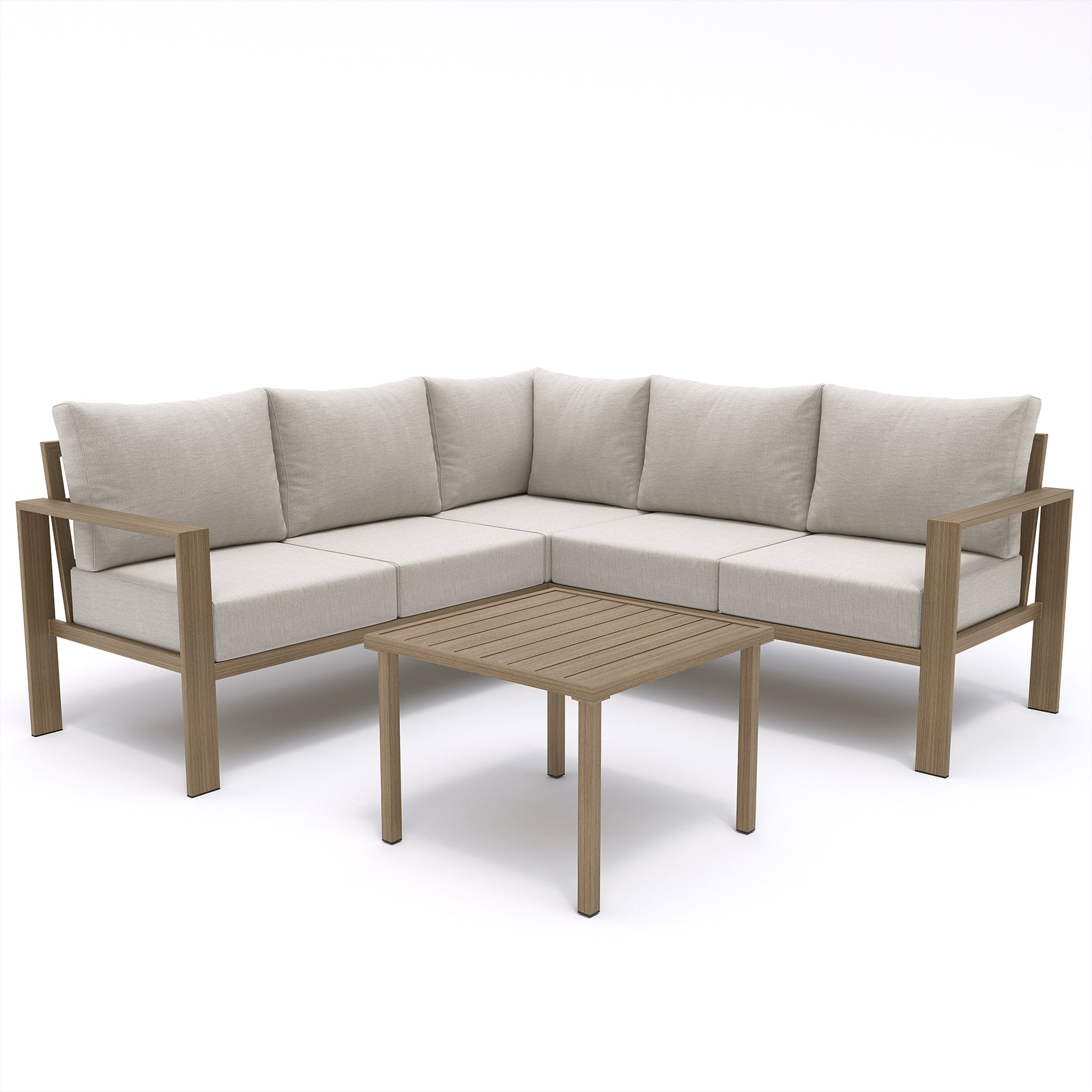 UDPATIO 6 Piece Patio Furniture Set, Faux Wood Metal Outdoor Sectional Sofa with 6" Thick Olefin Cushions, Wide Armrest & Coffee Table, L Shaped Outdoor Furniture for Garden, Backyard