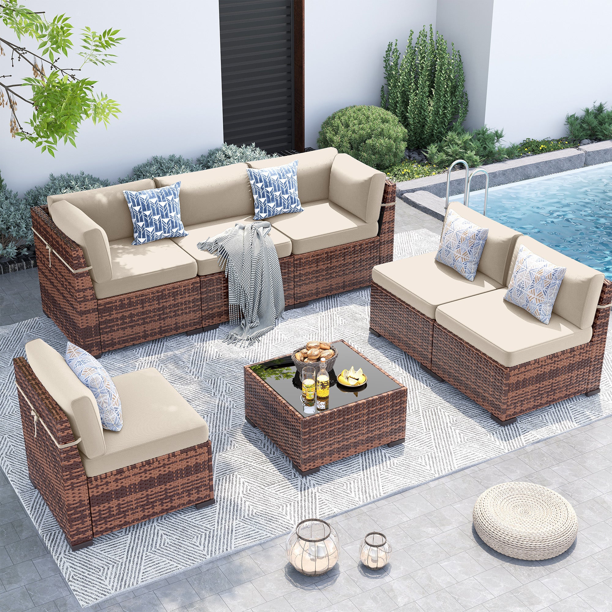 UDPATIO Patio Furniture Set,7 Pieces Outdoor Rattan Sectional Set,Modular Slanted Back Patio Conversation Set Heavy Duty Wicker Sofa for Backyard, Deck W/Coffee Table,4'' Thick Cushions,Cover