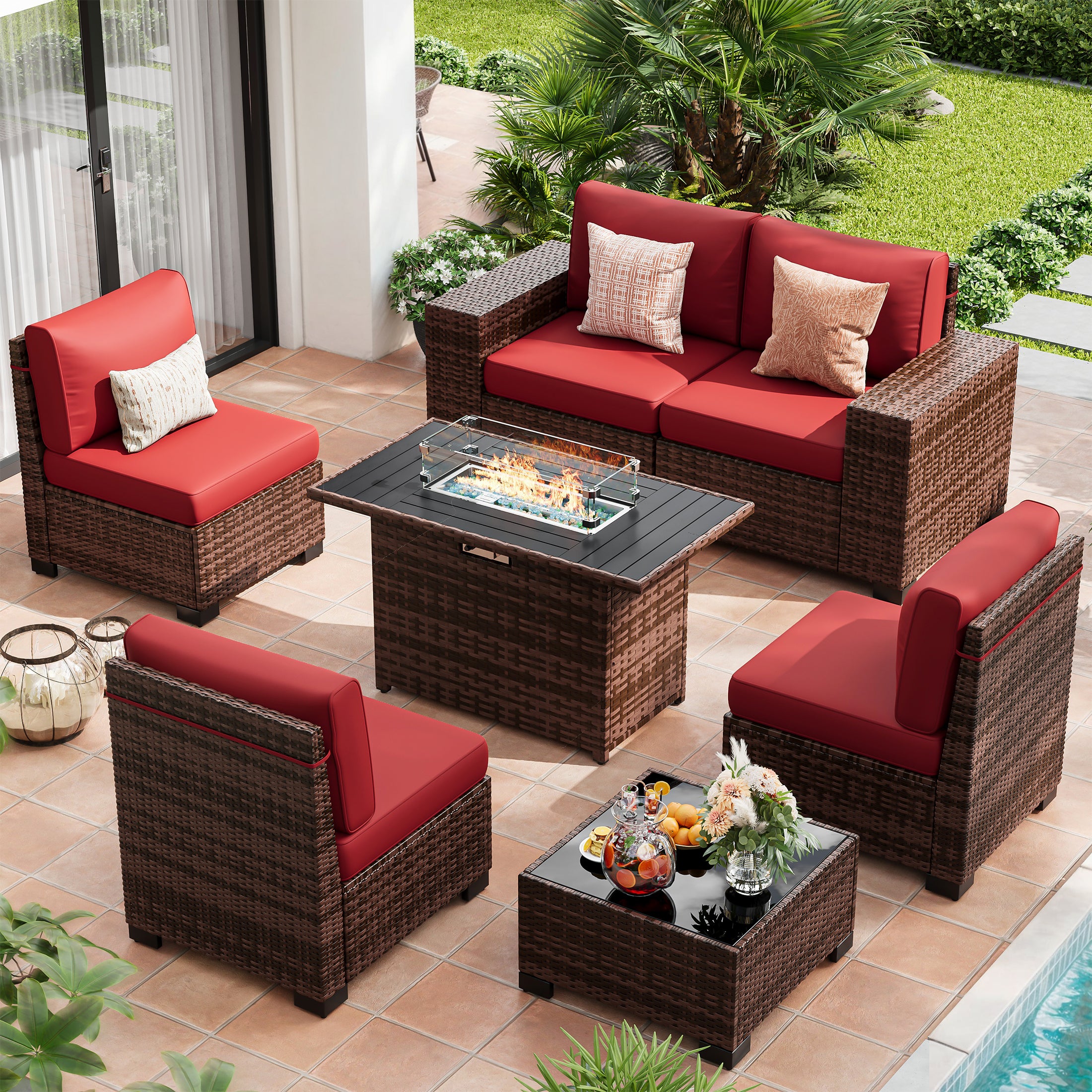 UDPATIO Patio Furniture Set with Fire Pit Table, Outdoor Patio Sofa Set With Wide Armrest, All-Weather Wicker Rattan Guest Set With Cushion And Glass Table And Waterproof Cover, Brown&Wine Red