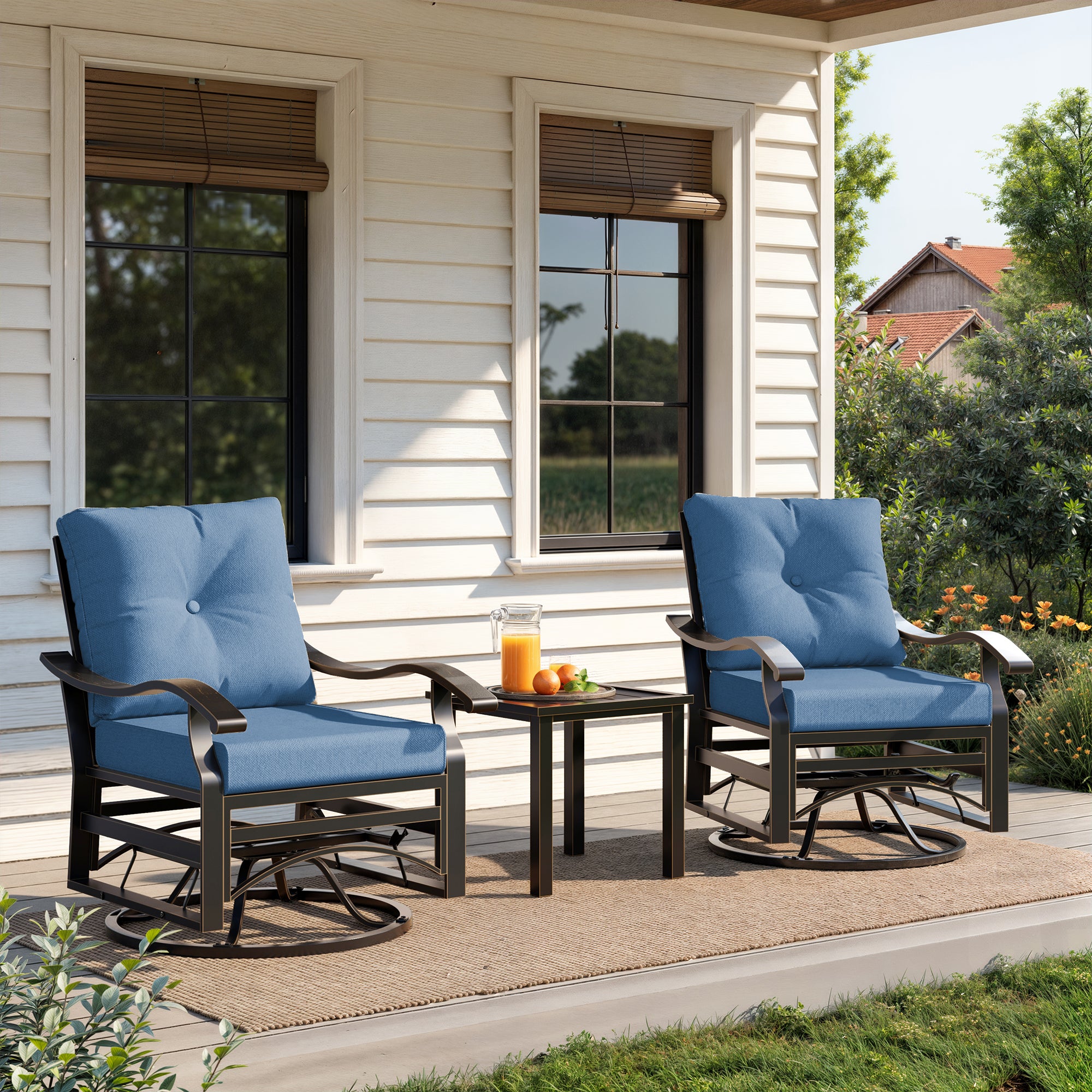 UDPATIO Outdoor Swivel Rocker Chairs, 3 Piece Metal Patio Rocking Chairs with Blue Padded Cushions Patio Bistro Furniture Set with Side Table for Porch Balcony Backyard