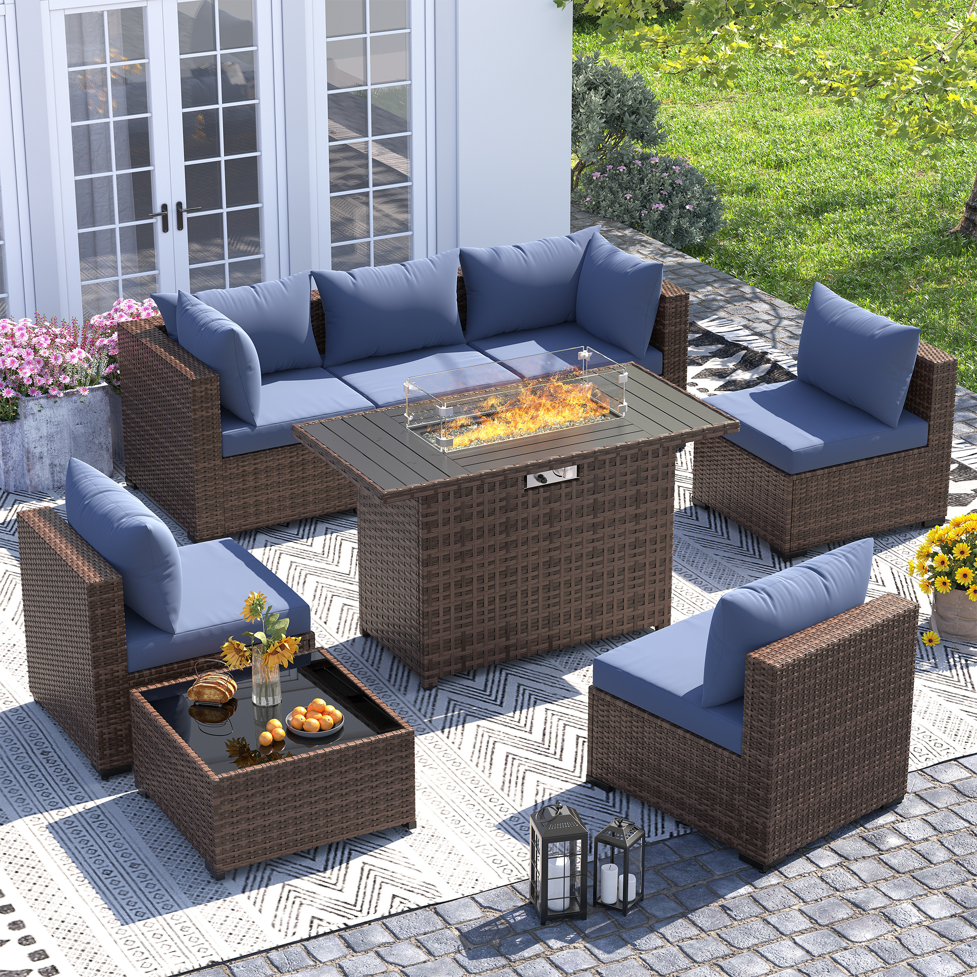 UDPATIO Outdoor Patio Furniture Set with Fire Pit Table, 8 Piece Outdoor Sectional Sofas, All-Weather Wicker Patio Conversation Set for Garden, Backyard