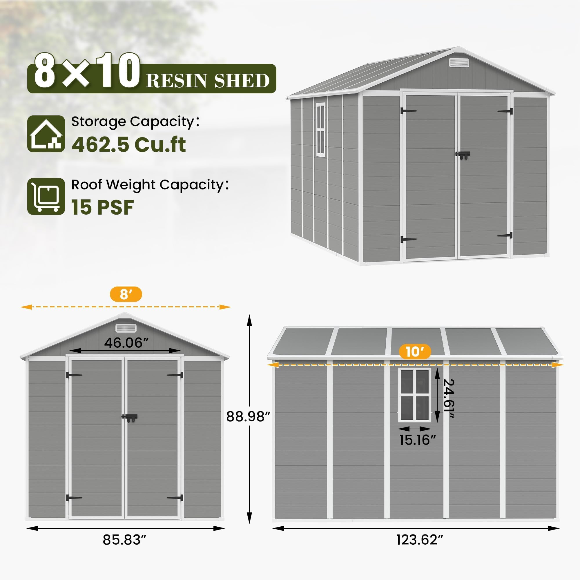 UDPATIO Storage Shed 8 x 10 FT, Resin Outdoor Garden Sheds with Floor Plastic Patio Outdoor Storage with Lockable Door for Tool, Bike, Garbage Gray White