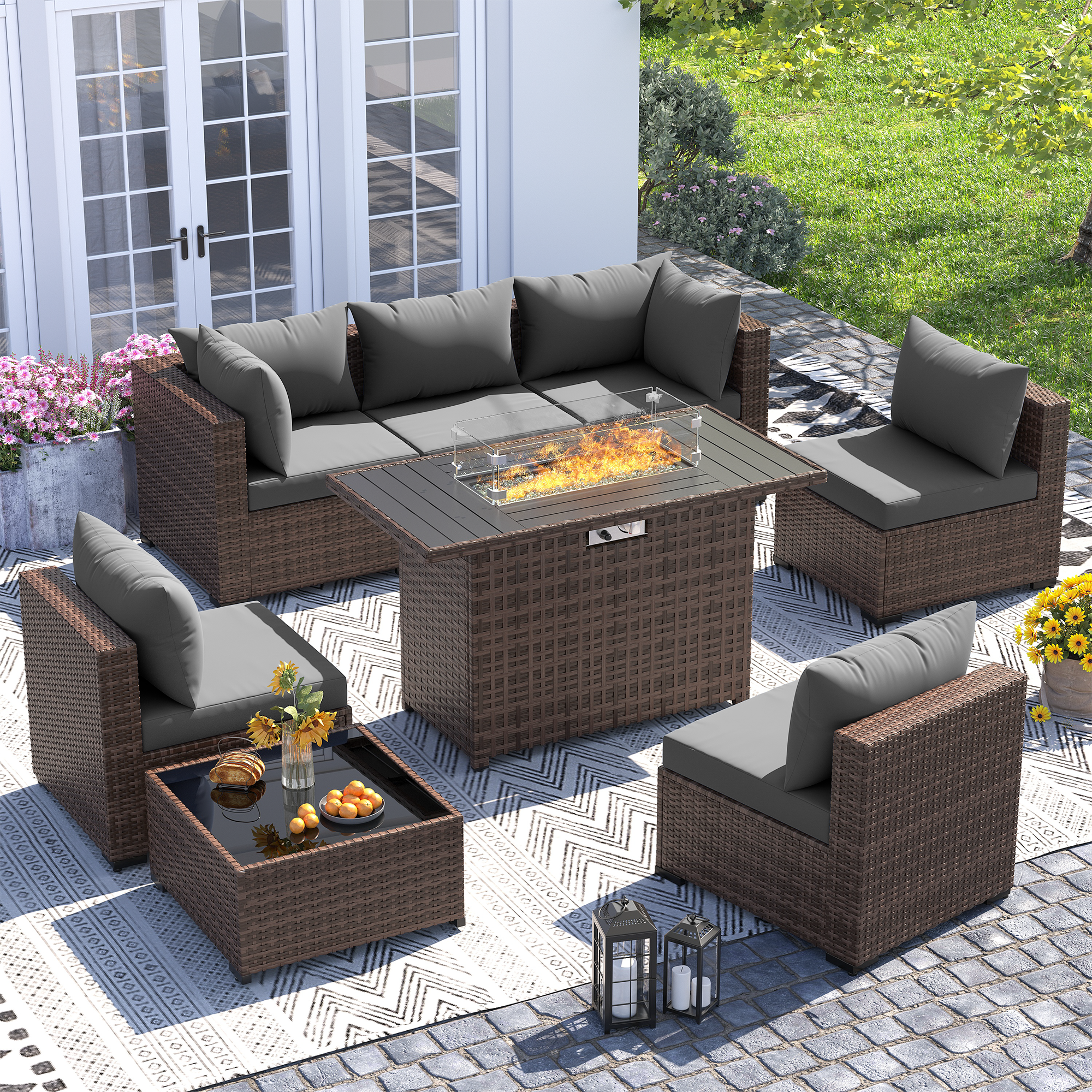 UDPATIO Outdoor Patio Furniture Set with Fire Pit Table, 8 Piece Outdoor Sectional Sofas, All-Weather Wicker Patio Conversation Set for Garden, Backyard