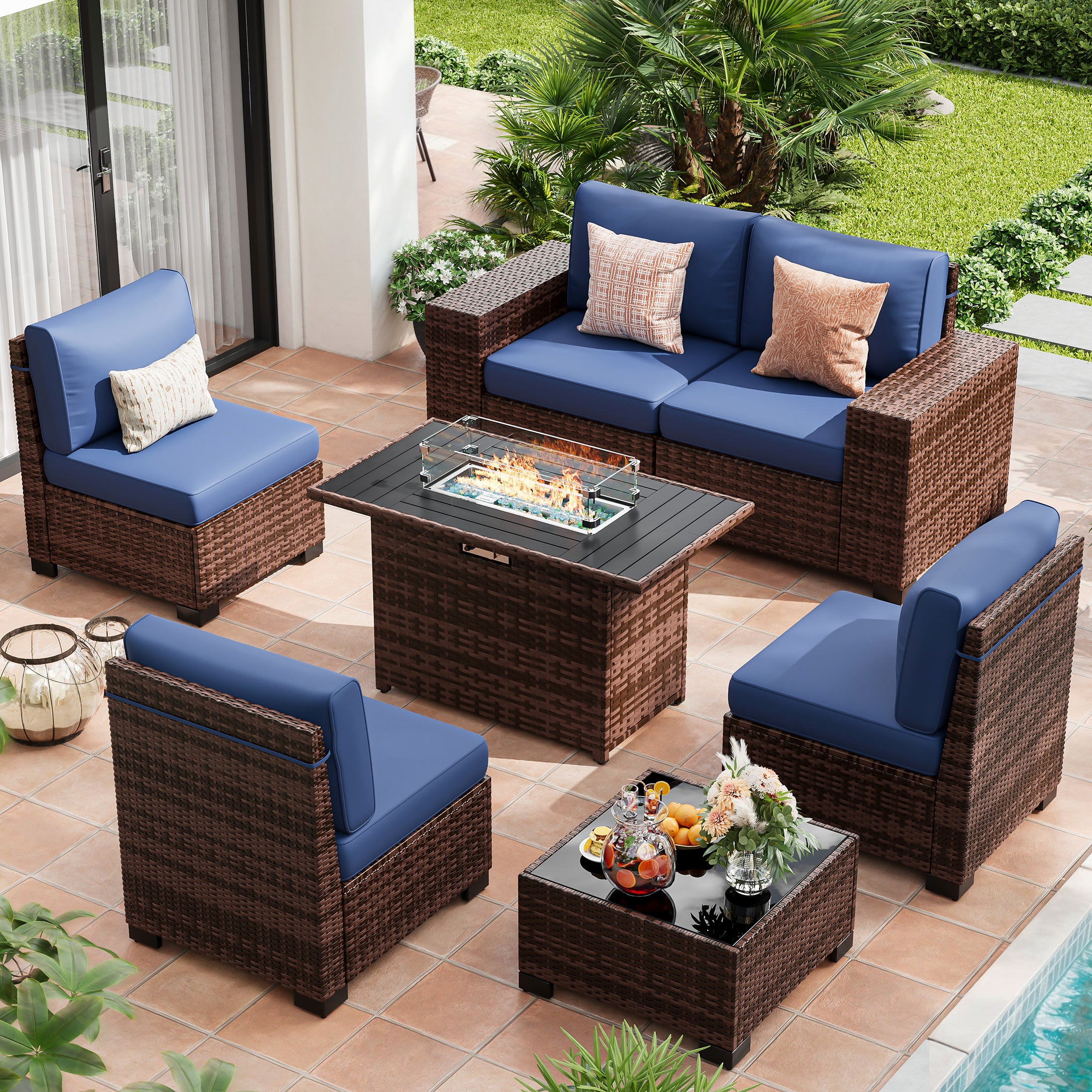 UDPATIO Patio Furniture Set with Fire Pit Table, Outdoor Patio Sofa Set With Wide Armrest, All-Weather Wicker Rattan Guest Set With Cushion And Glass Table And Waterproof Cover, Brown&Navy Blue