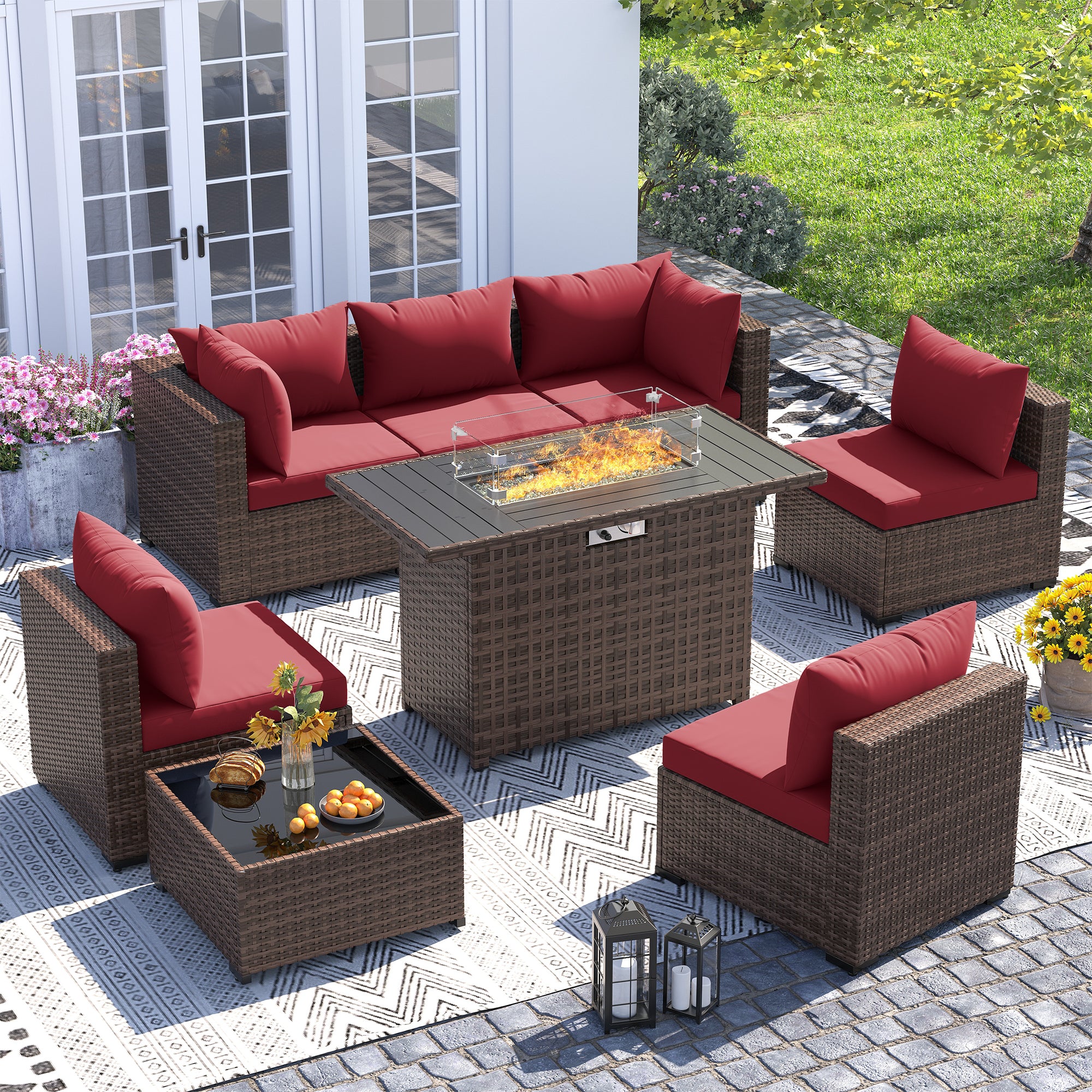 UDPATIO Outdoor Patio Furniture Set with Fire Pit Table, 8 Piece Outdoor Sectional Sofas, All-Weather Wicker Patio Conversation Set for Garden, Backyard