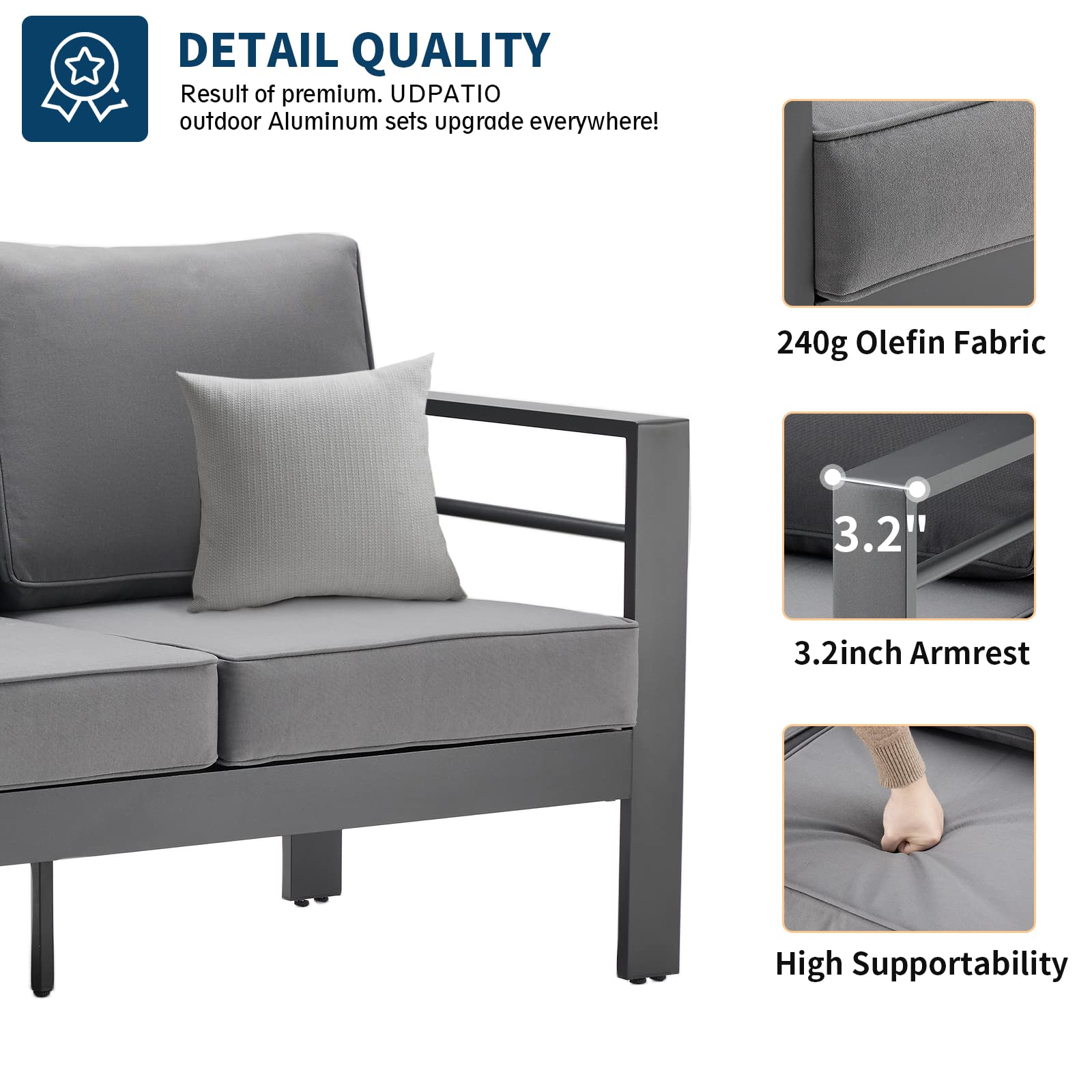 UDPATIO Aluminum Patio Furniture Set with Fire Pit Table, 7Seats Aluminum Outdoor Furniture Set with Water-Proof Cover Included,Cushions