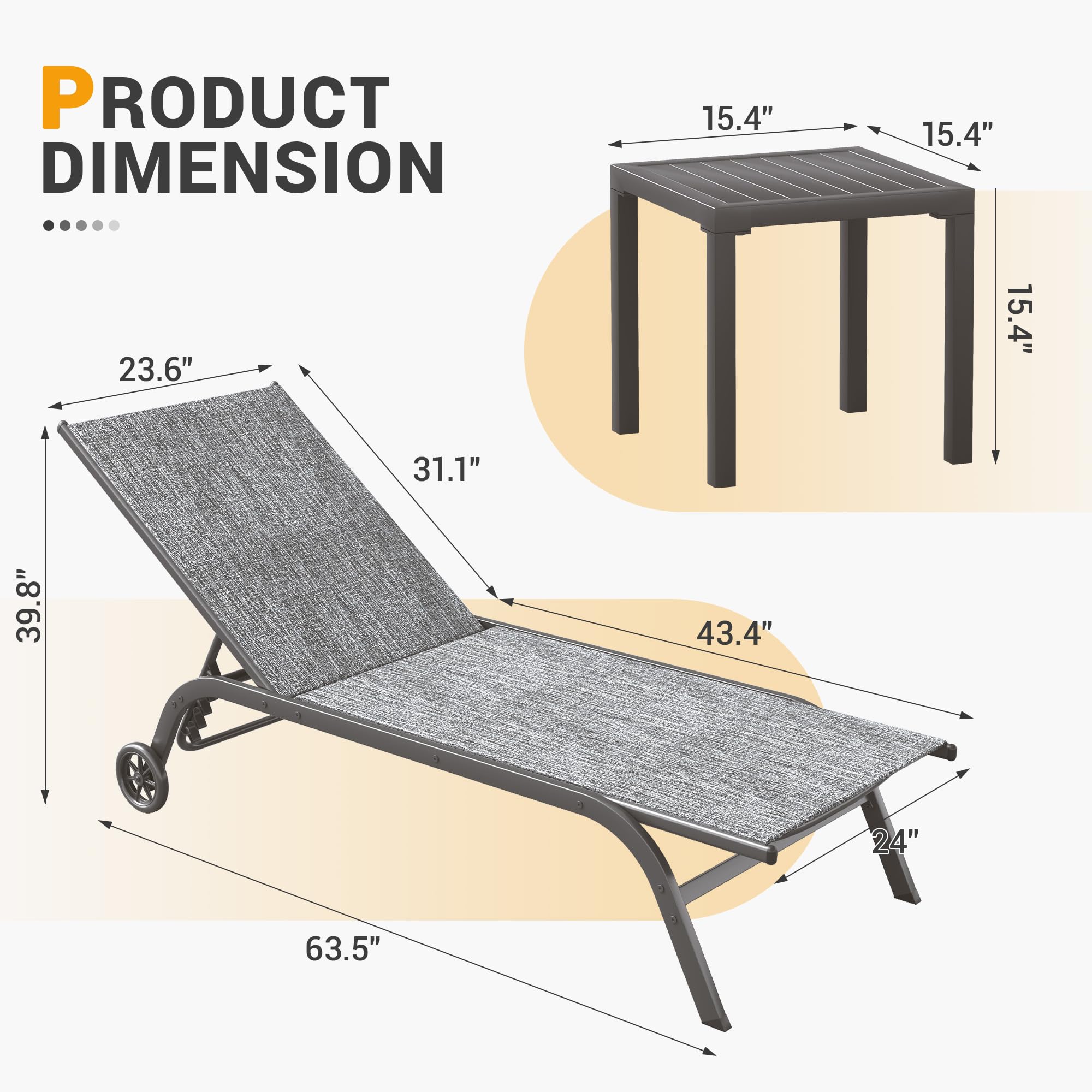 Chaise Lounge Outdoor Set of 3, Aluminum Lounge Chair, 5 Adjustable Position Backrest Pool Lounger with Wheels and Side Table for Patio Pool Patio (Grey)