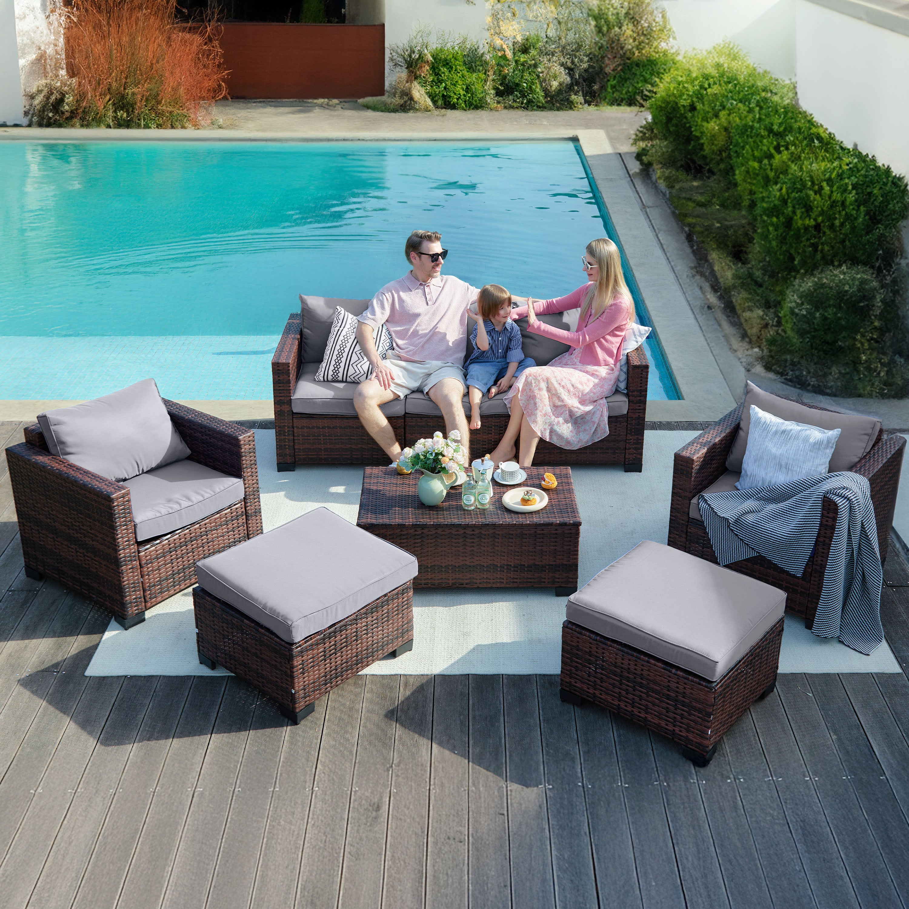 B0CJ6QDVTH Patio Furniture Sets with Ottoman & Storage Table