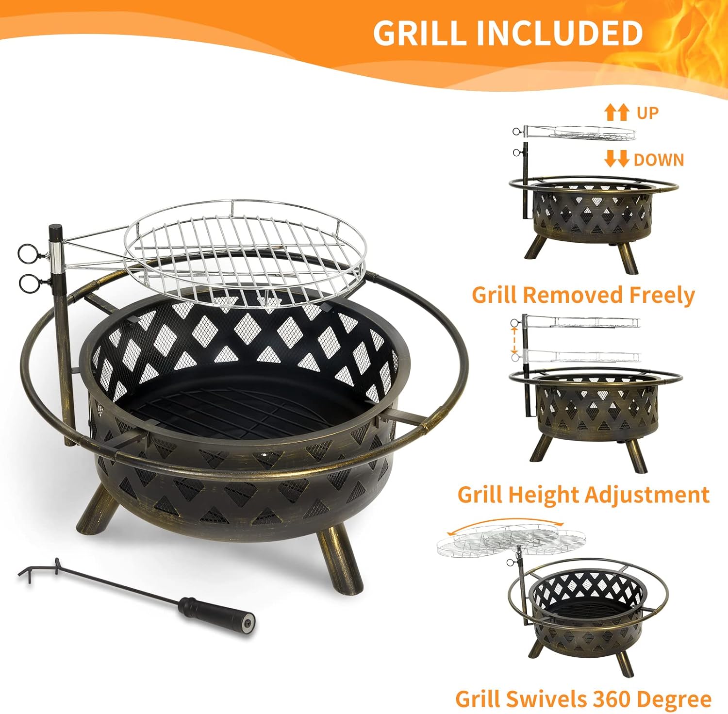 UDPATIO 2 in 1 Outdoor Fire Pit with Grill Cover & Mat, Large 30" Wood Burning FirePits with Swivel Cooking Grate Outdoor Firepit with Spark Cover for Backyard Bonfire Patio Outside Picnic BBQ