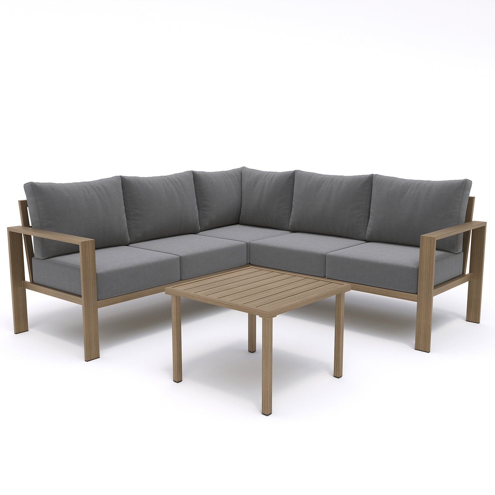 UDPATIO 6 Piece Patio Furniture Set, Faux Wood Metal Outdoor Sectional Sofa with 6" Thick Olefin Cushions, Wide Armrest & Coffee Table, L Shaped Outdoor Furniture for Garden, Backyard