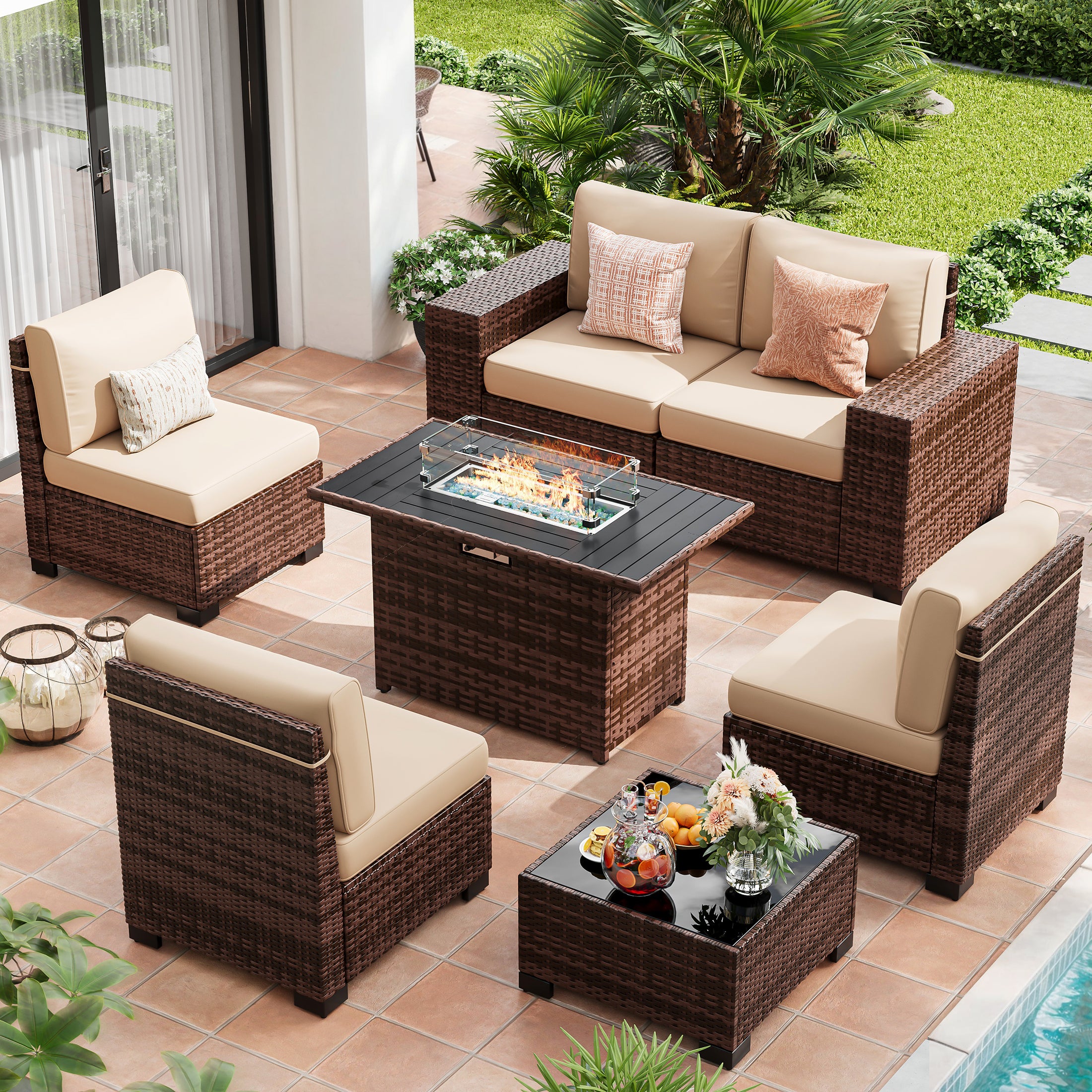 UDPATIO Patio Furniture Set with Fire Pit Table, Outdoor Patio Sofa Set With Wide Armrest, All-Weather Wicker Rattan Guest Set With Cushion And Glass Table And Waterproof Cover, Brown&Khaki