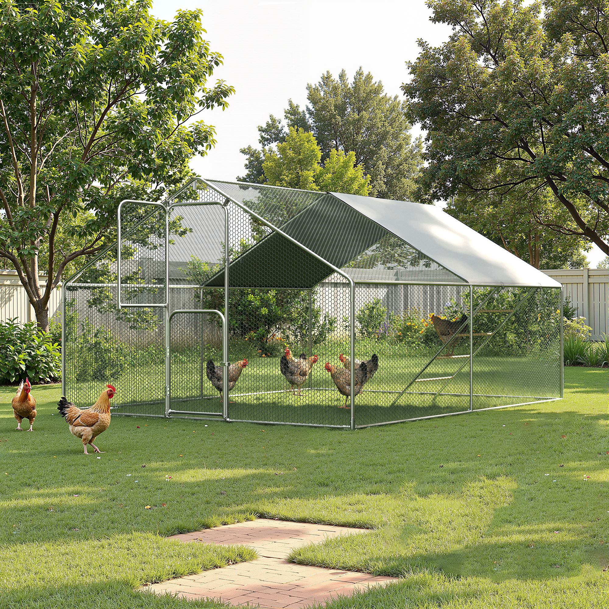 Large Chicken Coop & Metal Run - Spacious Walk In Pen for 10-20 Chickens with Double Feed Door, UV-Resistant Cover, Galvanized Frame - Duck & Rabbit House