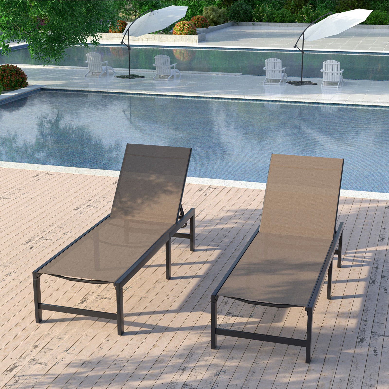 Outdoor Chaise Lounge 3 Pieces Pool Lounge Chair, Adjustable Lounge Poolside Lay Flat Sunbathing Backrest with Table for Patio, Beach, Yard, Pool (Brown)