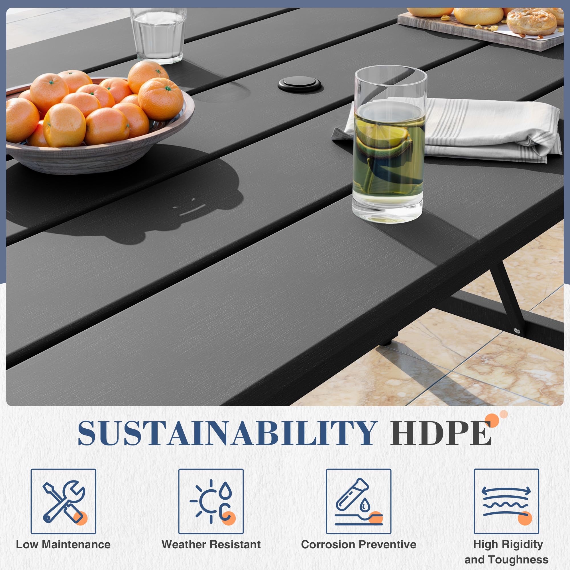 UDPATIO 5 Piece Patio Dining Table Sets, Outdoor HDPE Dining Furniture Set with Umbrella Hole Cut-Out Table and 4 Chairs, All Weather Dining Set for Lawn, Garden, Backyard, Poolside, Black