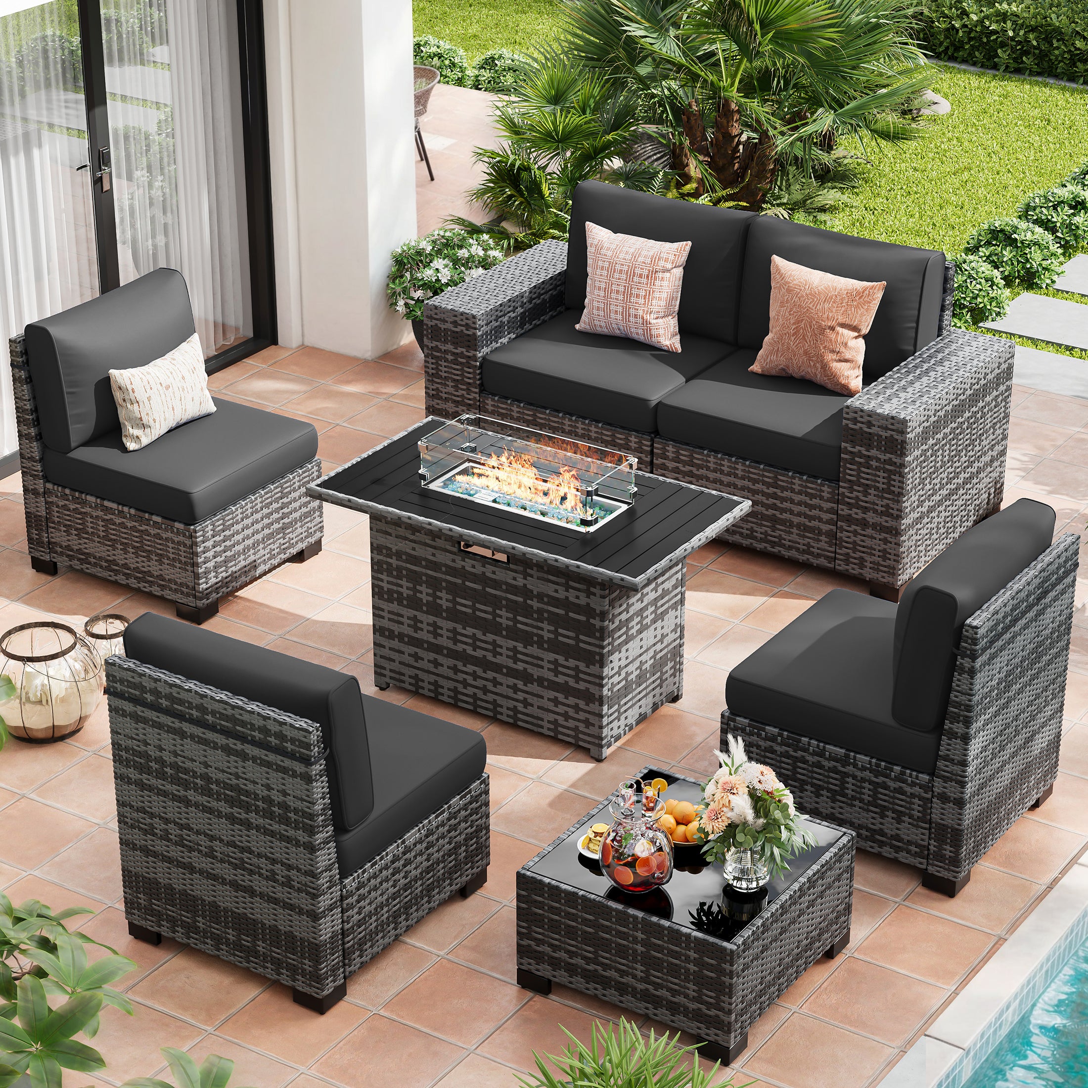 UDPATIO Patio Furniture Set with Fire Pit Table, Outdoor Patio Sofa Set With Wide Armrest, All-Weather Wicker Rattan Guest Set With Cushion And Glass Table And Waterproof Cover, Gray&Black