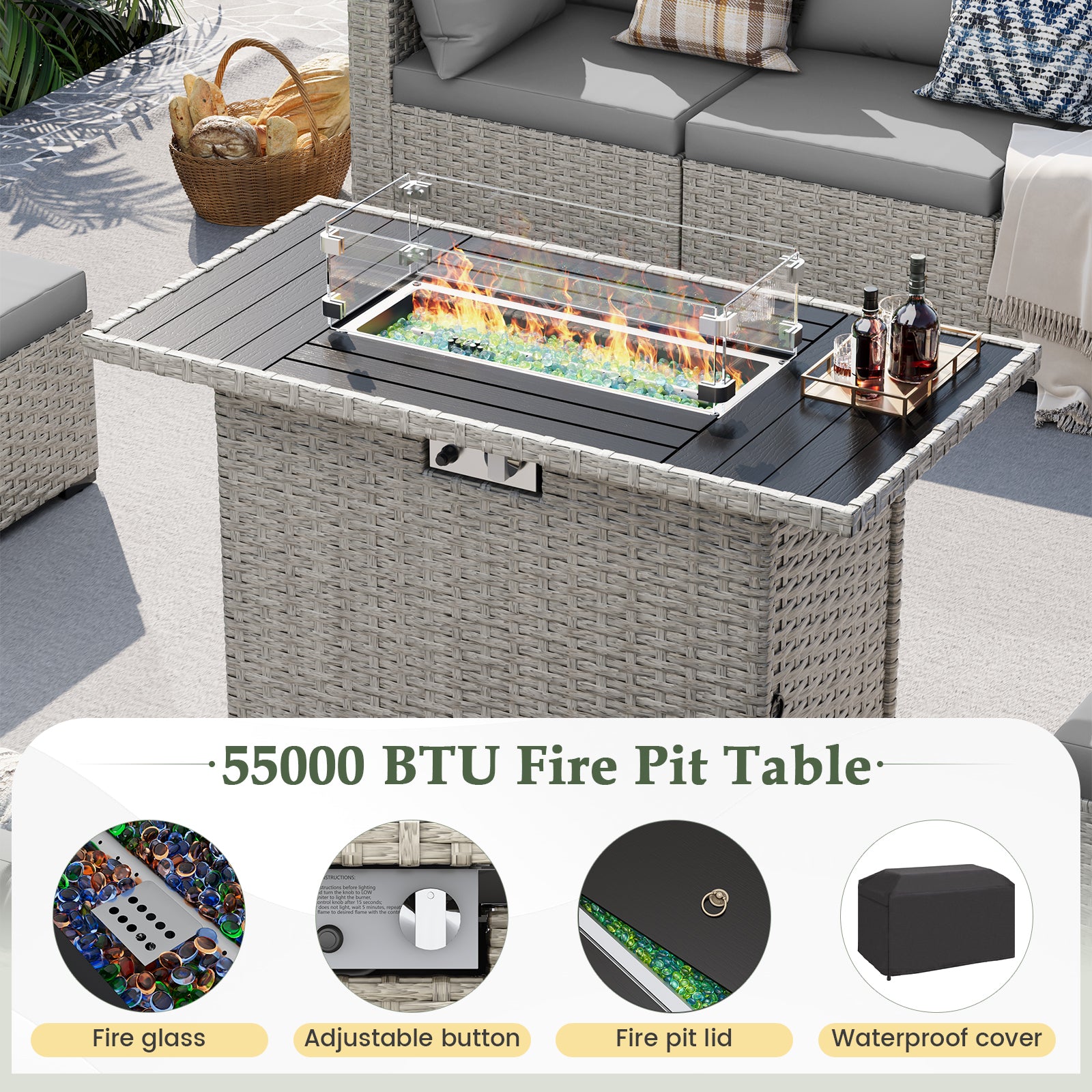 UDPATIO Patio Furniture Set with Fire Pit Table, 8 Pieces Outdoor Sectional Sofa, PE Wicker Patio Conversation Set for Garden, Backyard Green