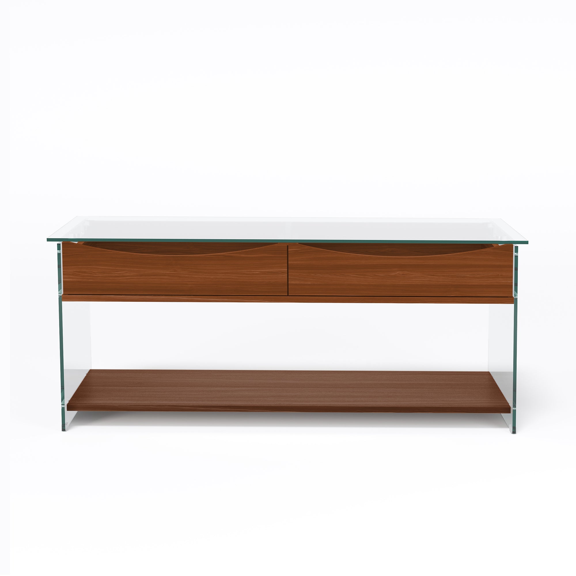 43'' W Rectangular Glass Coffee Table with Storage Drawers & Shelf Tempered Glass Top Walnut Finish Modern Center Table for Living Room