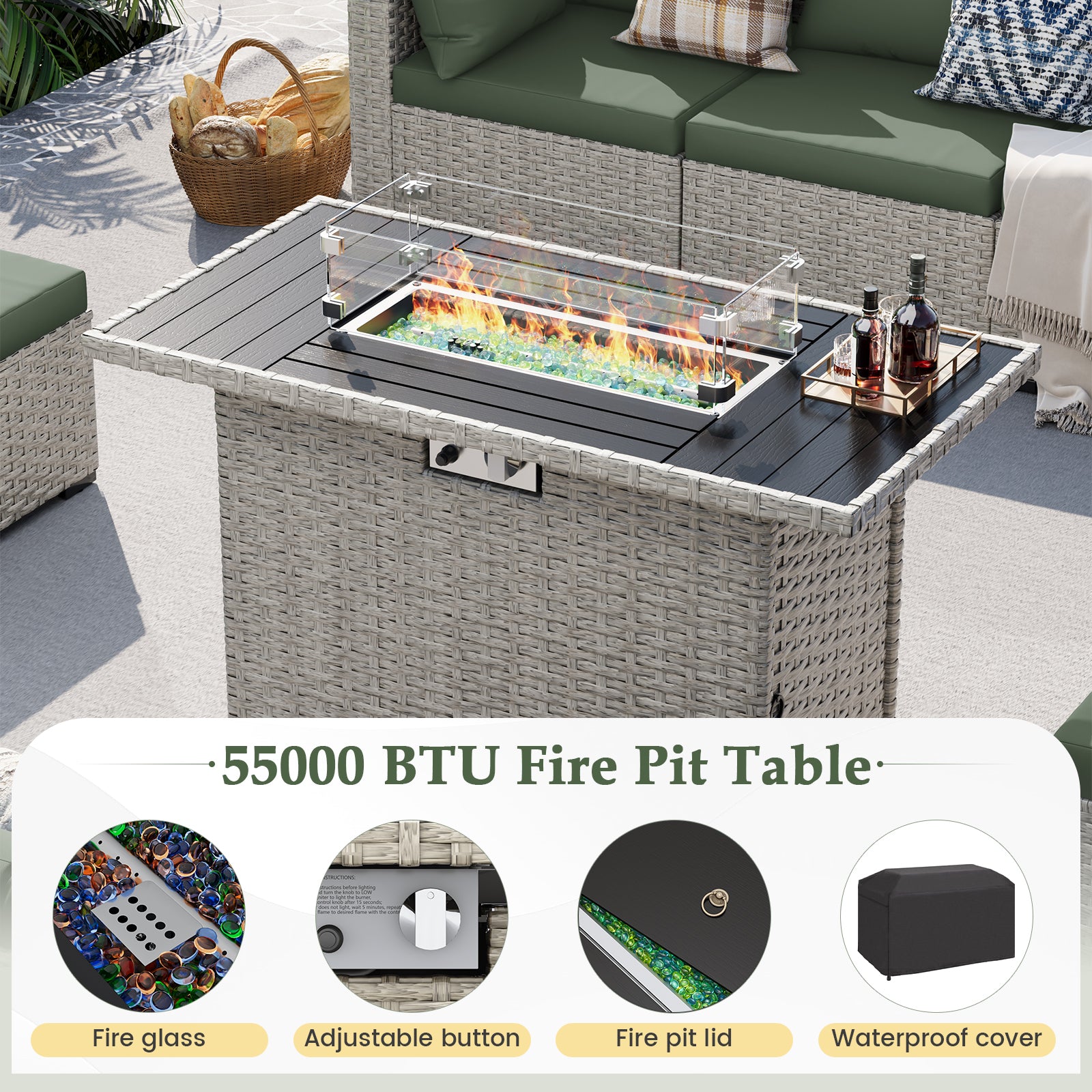 UDPATIO Patio Furniture Set with Fire Pit Table, 8 Pieces Outdoor Sectional Sofa, PE Wicker Patio Conversation Set for Garden, Backyard Green