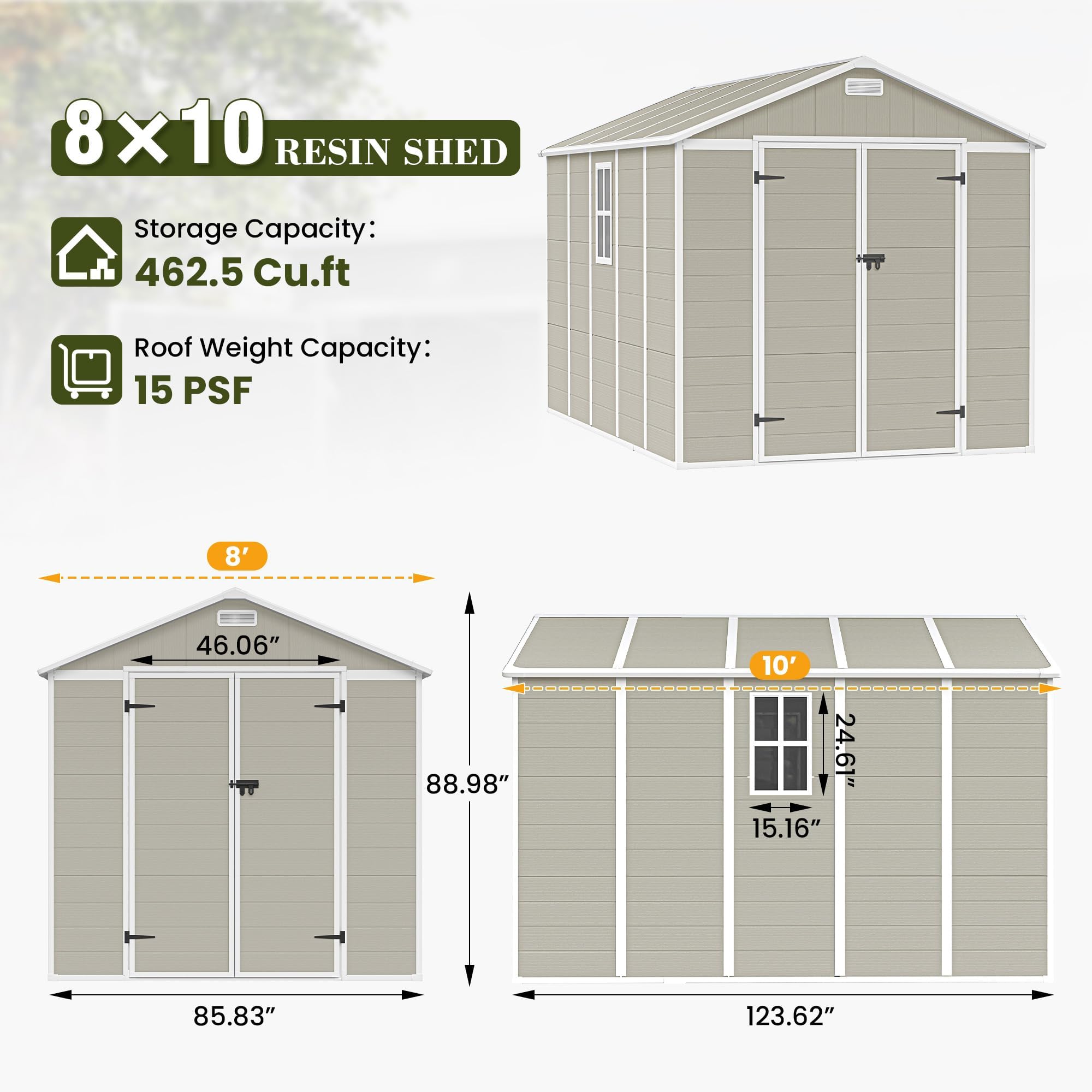 UDPATIO Outdoor Storage Shed 8 x 10 FT, Resin Garden Sheds with Floor Plastic Patio Outdoor Storage with Lockable Door for Tool, Bike, Garbage Sandstone