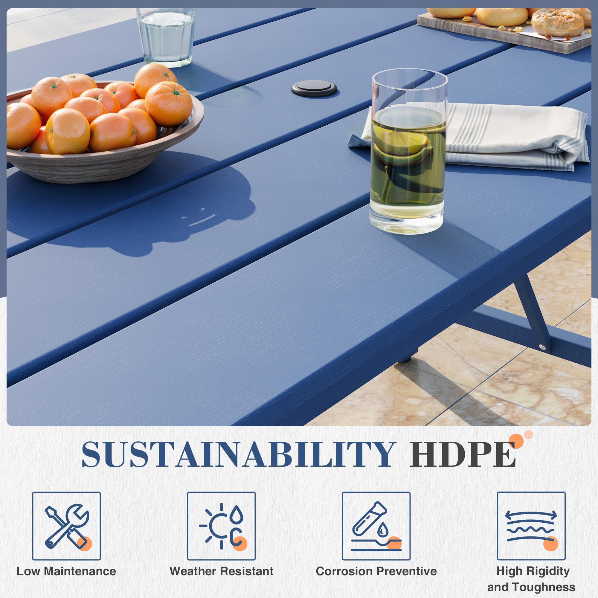 UDPATIO 5 Pieces Patio Table and Chairs Set, HDPE Weather Resistant Patio Dining Set with 1.65" Umbrell Hole, All Weather Outdoor Dining Table with 4 Patio Chairs, Blue