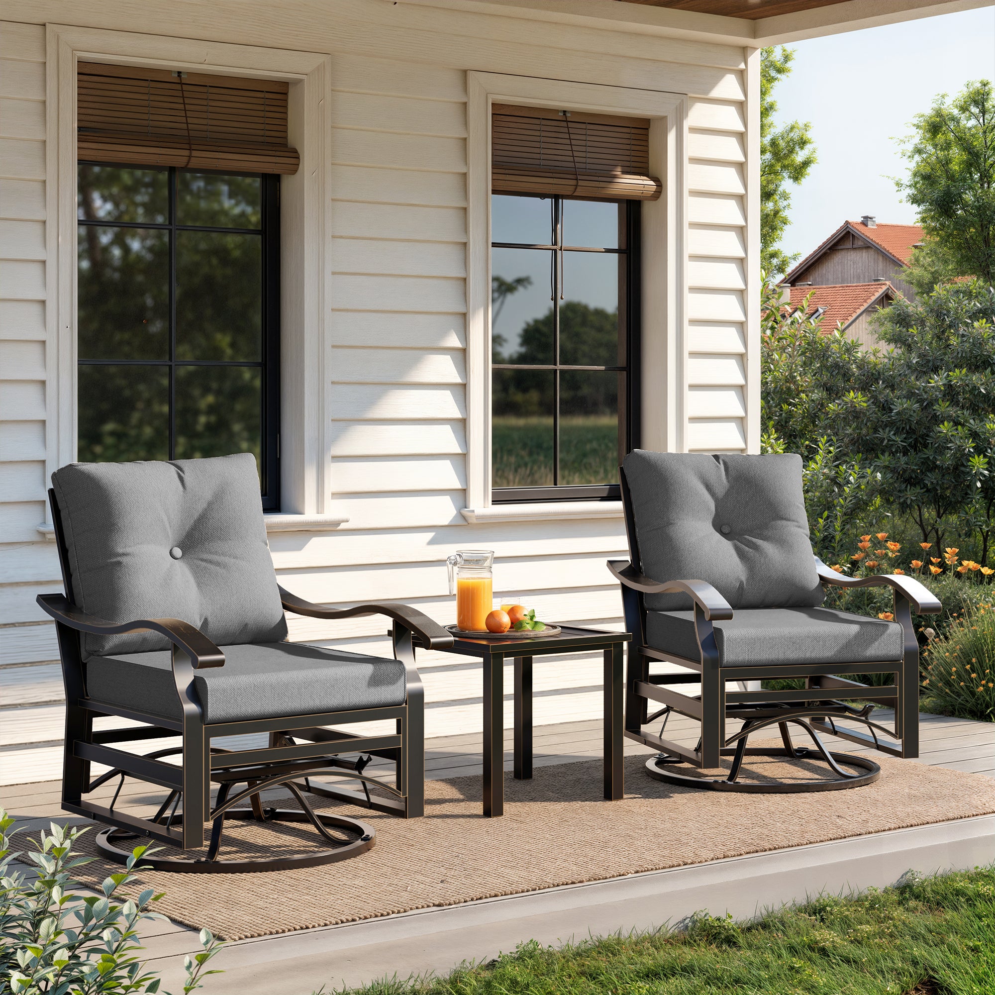 UDPATIO Outdoor Swivel Rocker Chairs, 3 Piece Metal Patio Rocking Chairs with Blue Padded Cushions Patio Bistro Furniture Set with Side Table for Porch Balcony Backyard