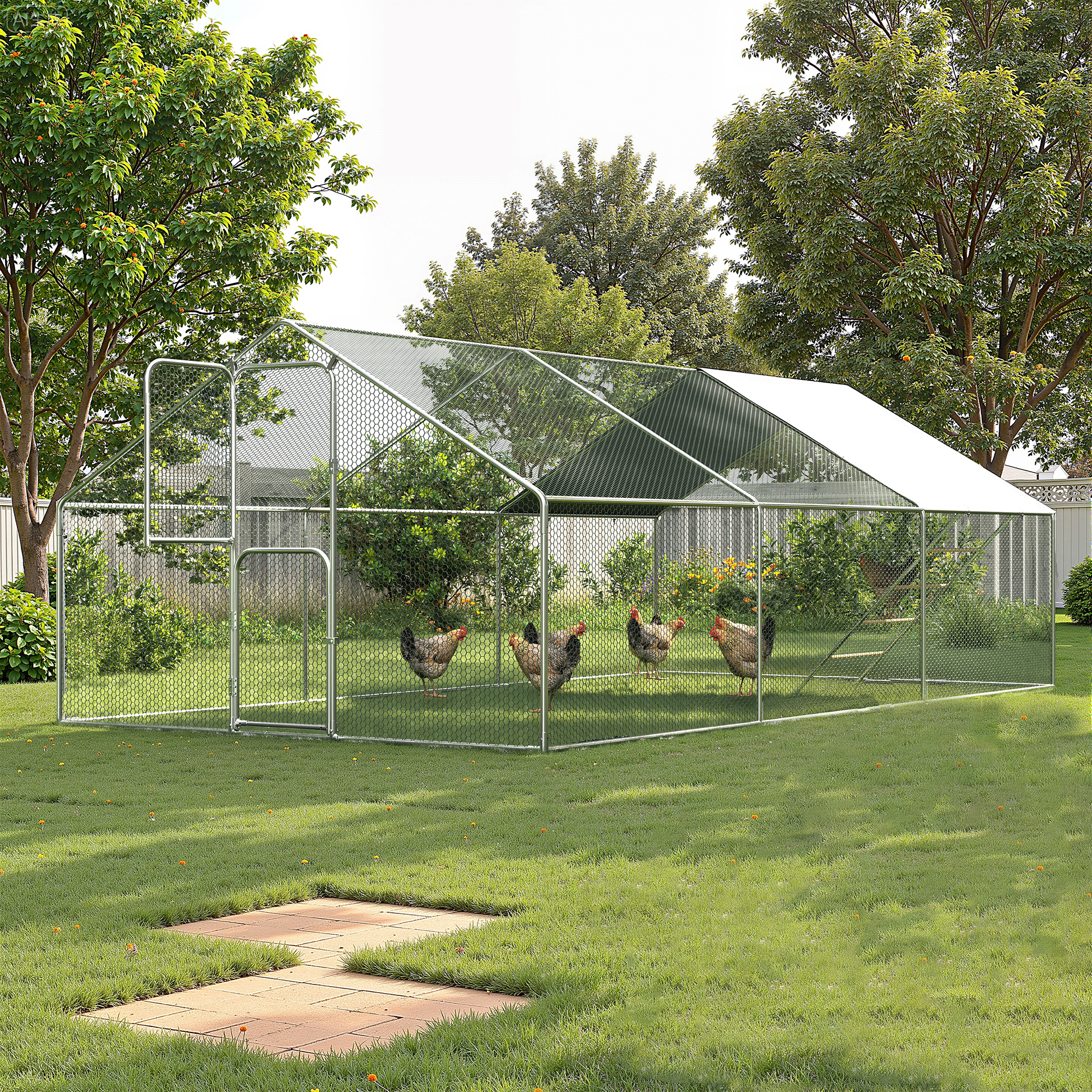 Large Chicken Coop & Metal Run - Spacious Walk In Pen for 20-30 Chickens with Double Feed Door, UV-Resistant Cover, Galvanized Frame - Duck & Rabbit House