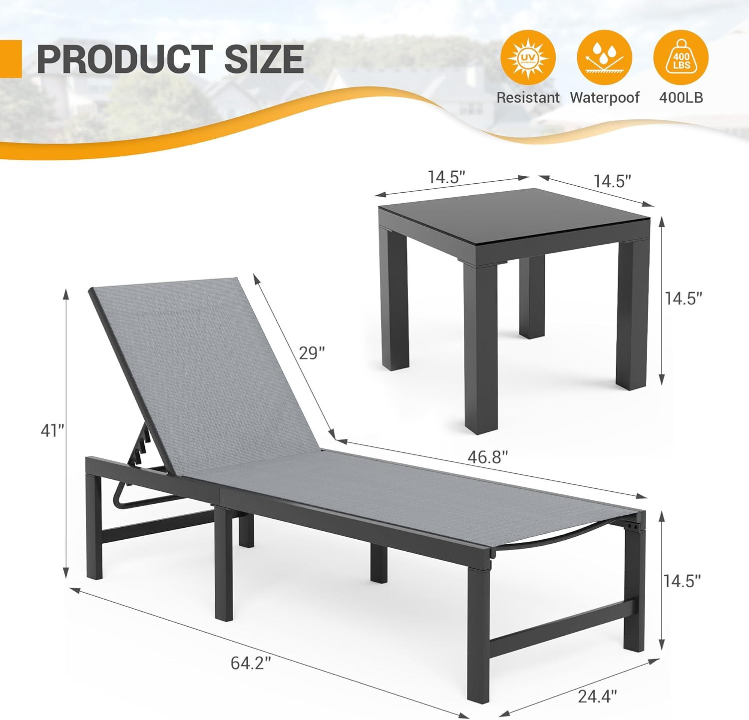 UDPATIO Lounge Chair Outdoor 3 Pieces Pool Chaise Lounge, Adjustable Lounge Poolside Lay Flat Sunbathing Backrest with Table for Patio, Beach, Yard, Pool (Grey)