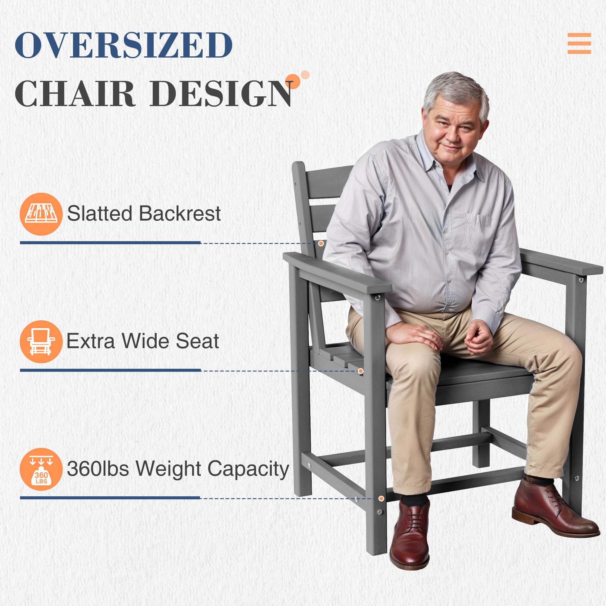 UDPATIO All-Weather HDPE Patio Chairs Set of 2, Oversized Outdoor Dining Chairs with 400 lbs Weight Capacity, Easy to Assemble, Gray