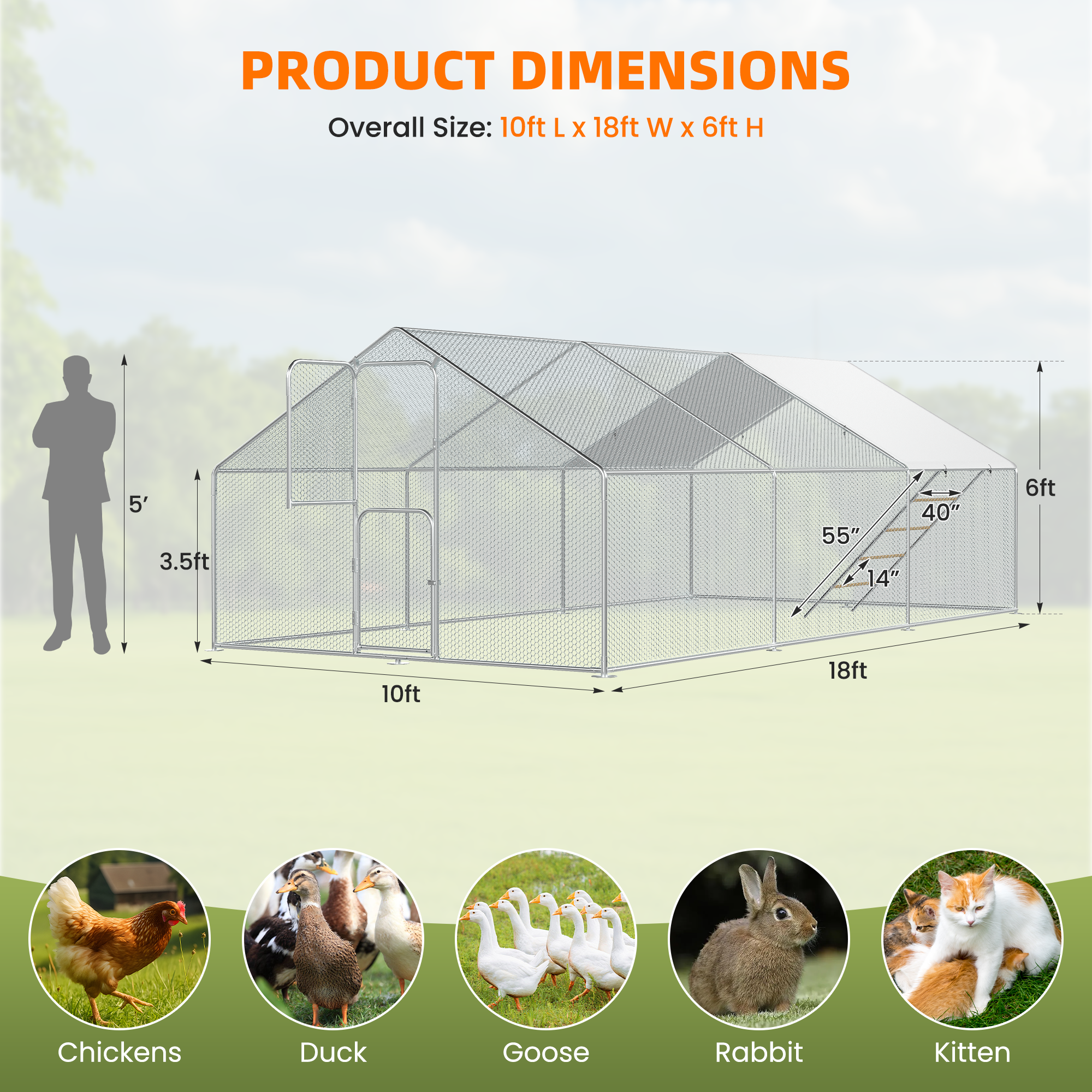 Large Chicken Coop & Metal Run - Spacious Walk In Pen for 20-30 Chickens with Double Feed Door, UV-Resistant Cover, Galvanized Frame - Duck & Rabbit House