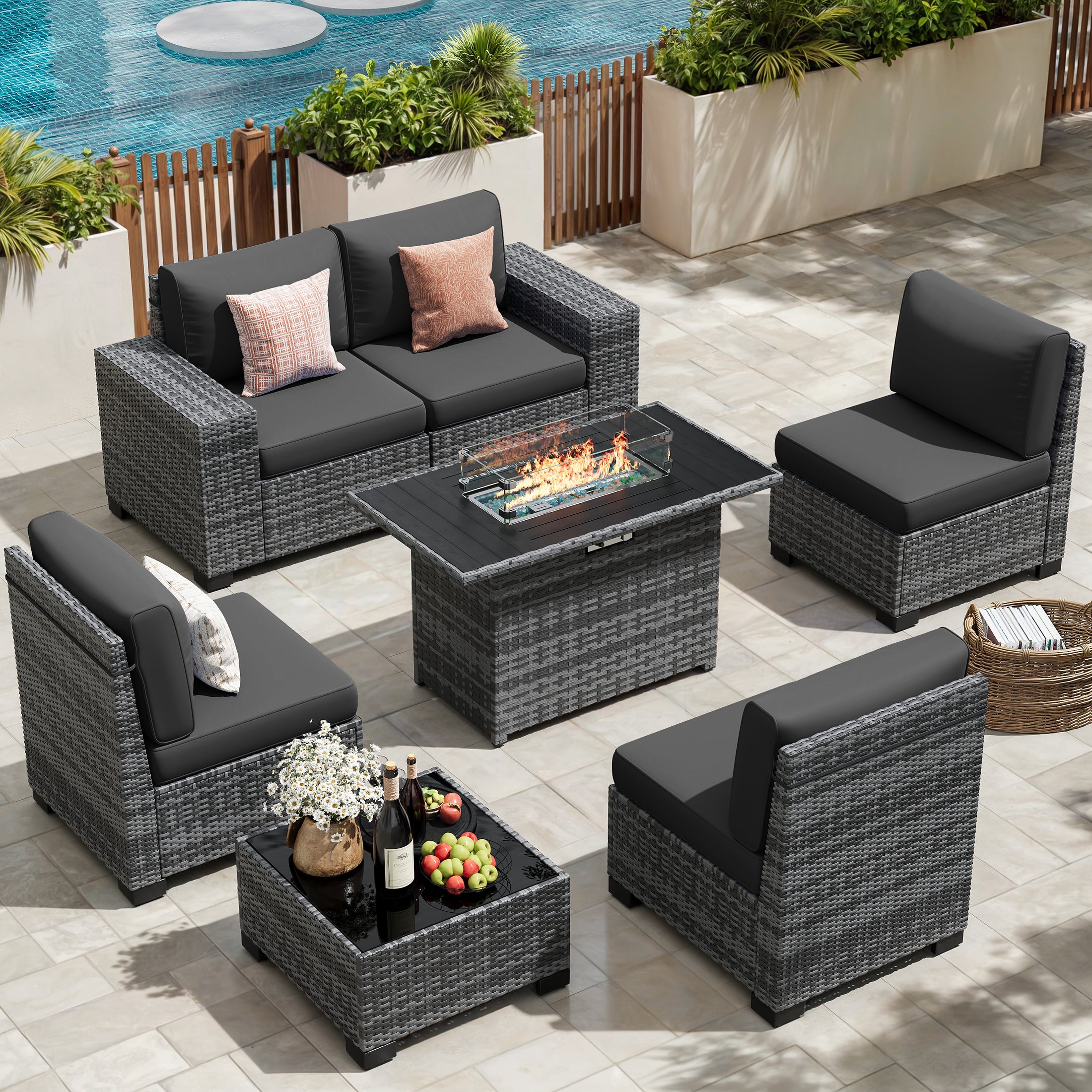 UDPATIO Patio Furniture Set with Fire Pit Table, Outdoor Patio Sofa Set With Wide Armrest, All-Weather Wicker Rattan Guest Set With Cushion And Glass Table And Waterproof Cover, Gray&Black