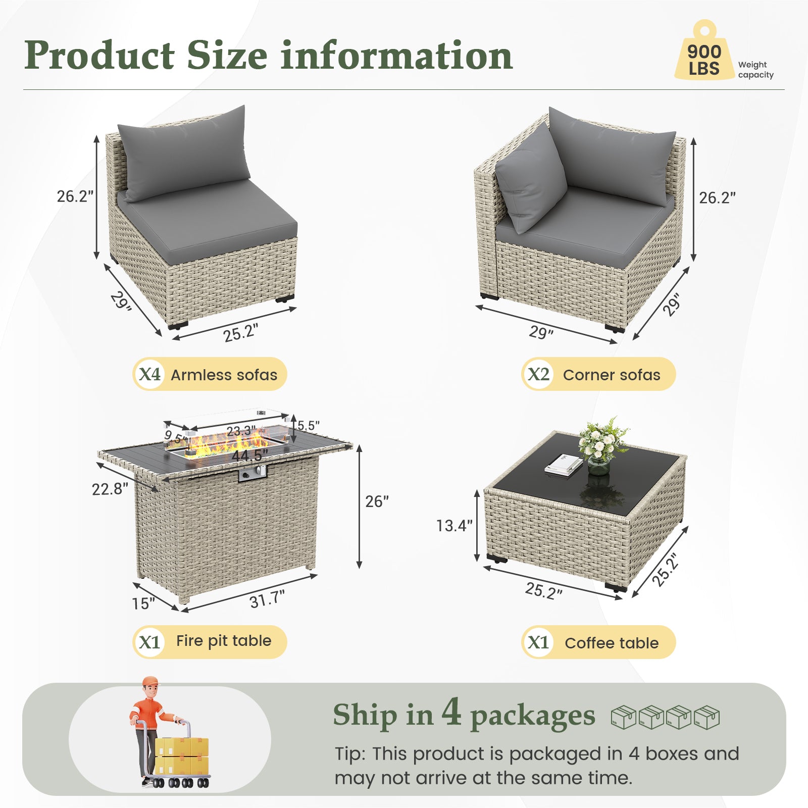 UDPATIO Patio Furniture Set with Fire Pit Table, 8 Pieces Outdoor Sectional Sofa, PE Wicker Patio Conversation Set for Garden, Backyard Green