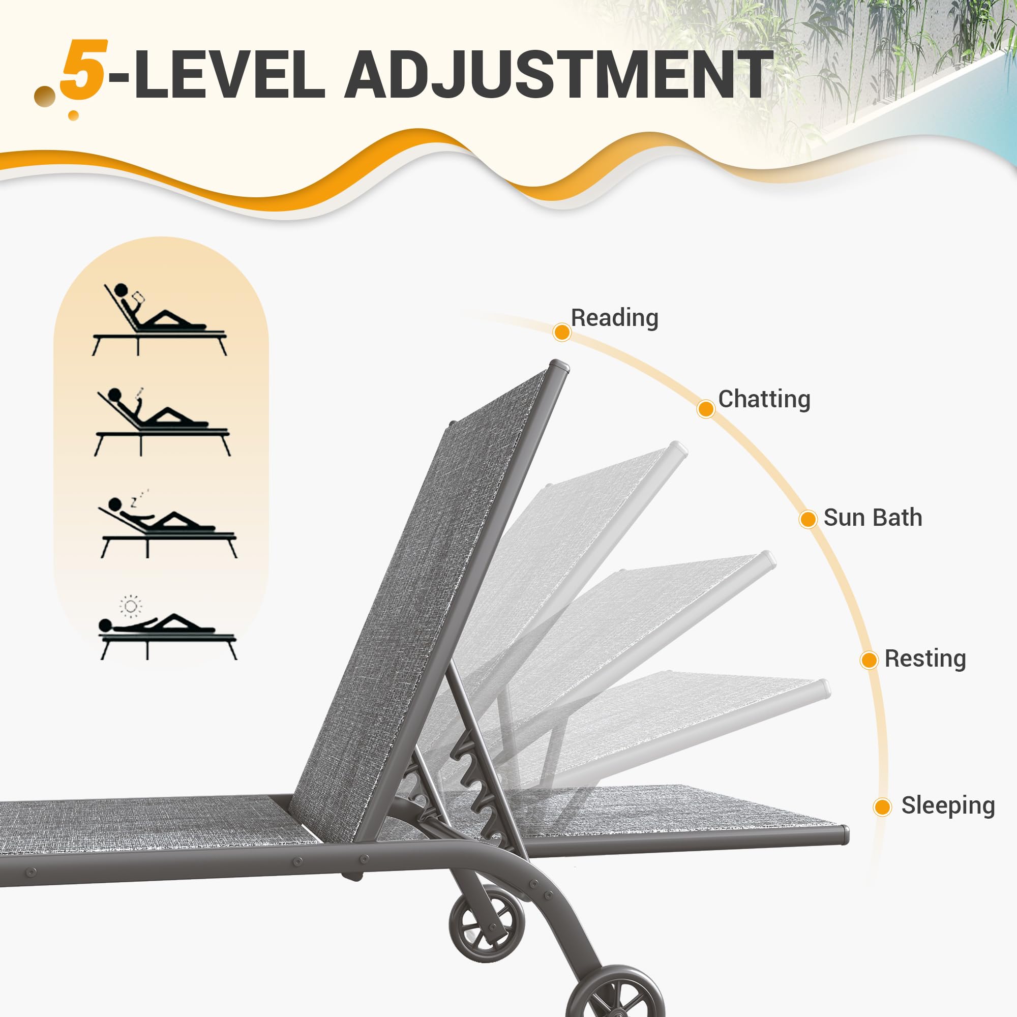 Chaise Lounge Outdoor Set of 3, Aluminum Lounge Chair, 5 Adjustable Position Backrest Pool Lounger with Wheels and Side Table for Patio Pool Patio (Grey)