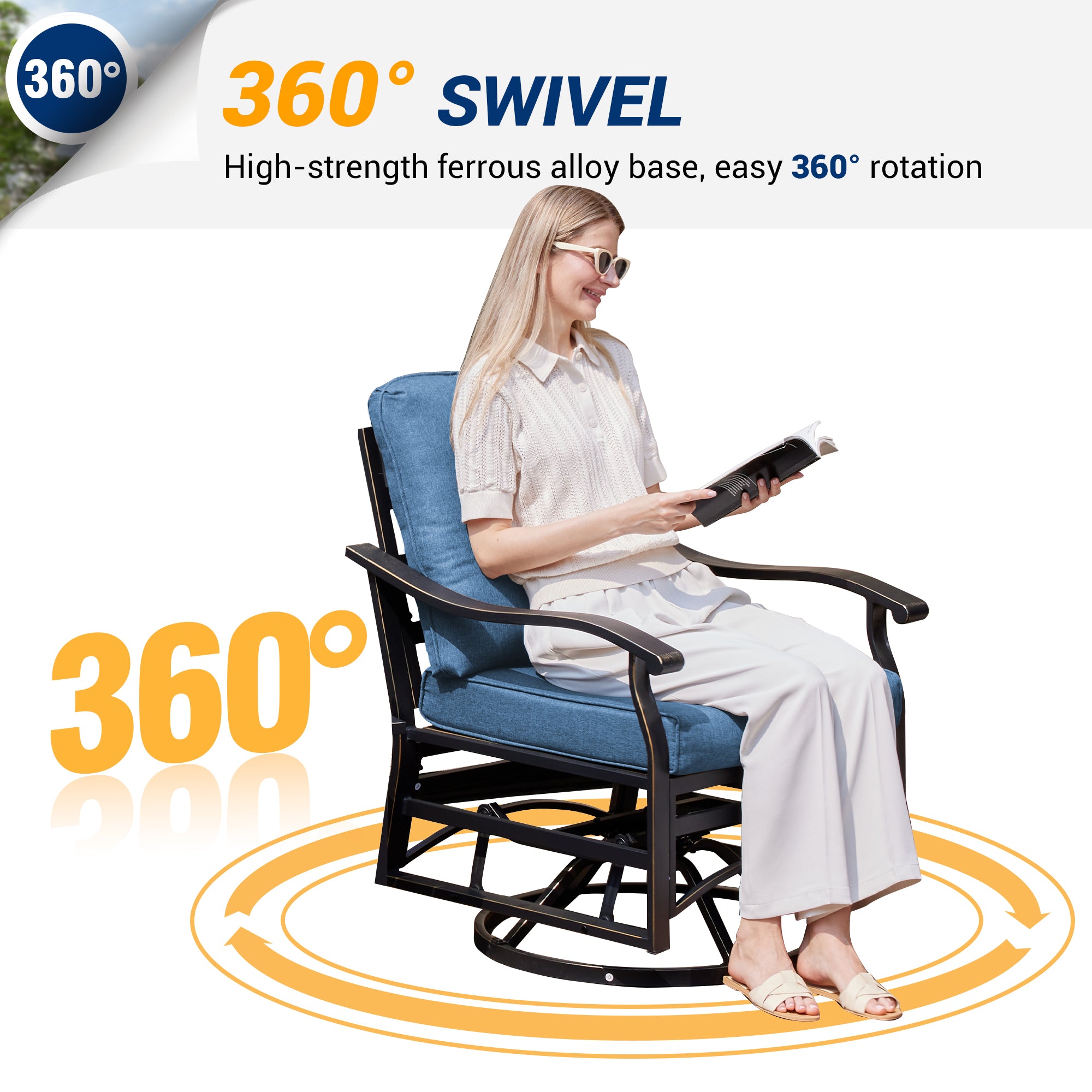 UDPATIO Outdoor Swivel Rocker Chairs, 3 Piece Metal Patio Rocking Chairs with Blue Padded Cushions Patio Bistro Furniture Set with Side Table for Porch Balcony Backyard