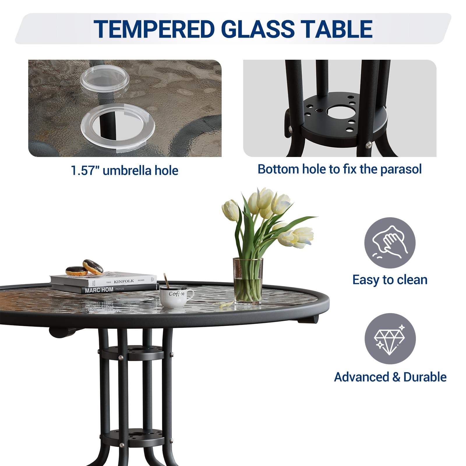 UDPATIO Folding Patio Chairs Set, Patio Dining Chairs Set of 4 and 31.5" Round Tempered Glass Metal Table with 1.57" Umbrella Hole, Brown