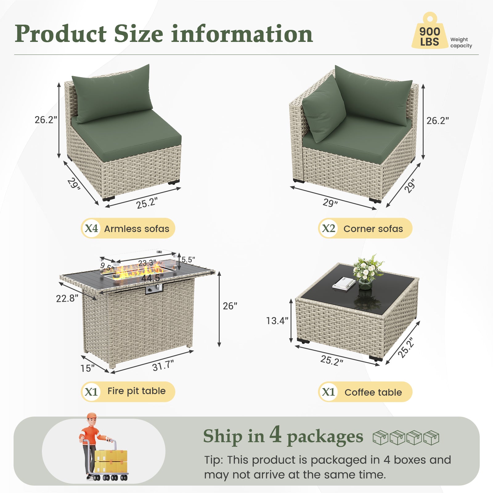 UDPATIO Patio Furniture Set with Fire Pit Table, 8 Pieces Outdoor Sectional Sofa, PE Wicker Patio Conversation Set for Garden, Backyard Green