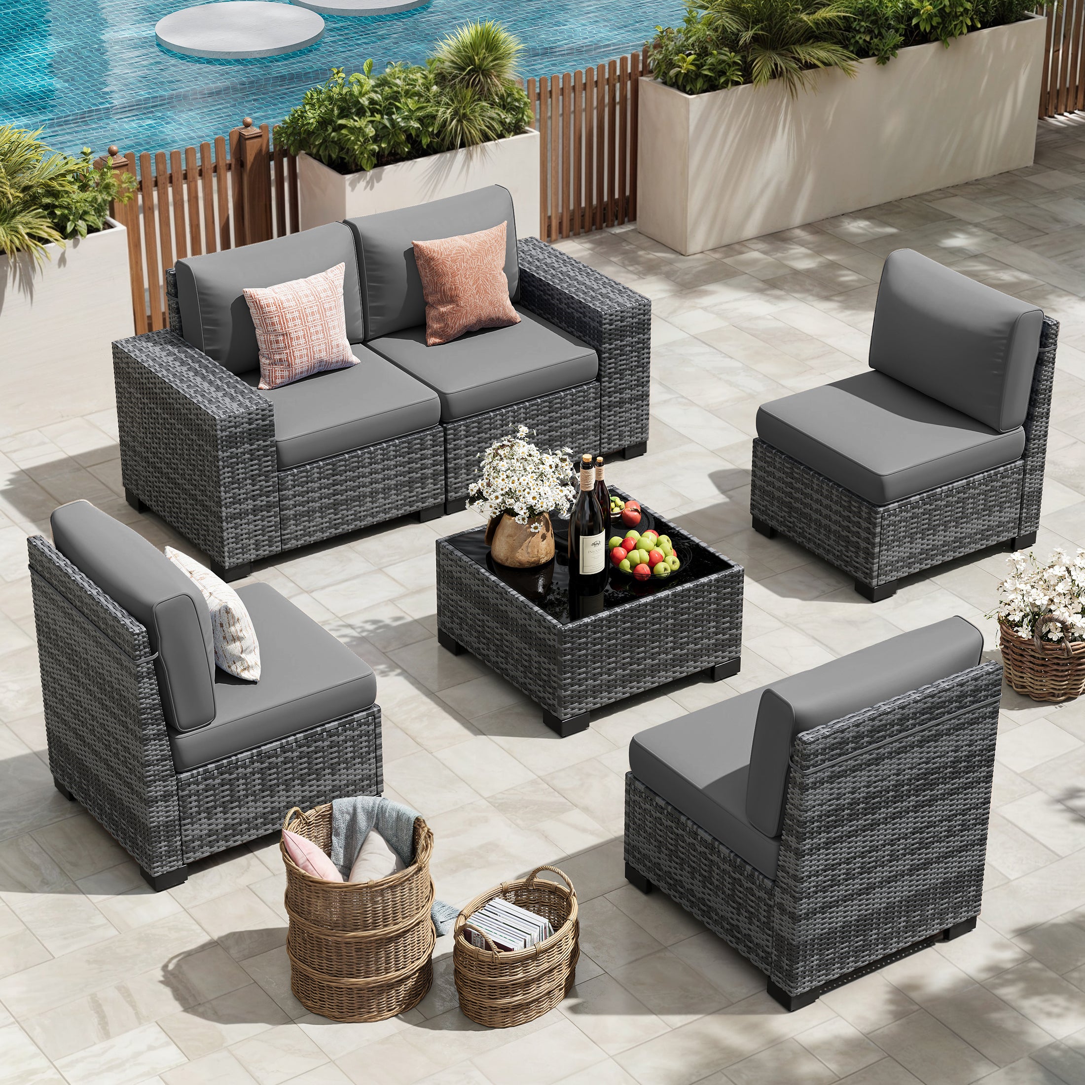 UDPATIO 6-Piece Patio Furniture Set, Outdoor Patio Sofa Set With Wide Armrest, All-Weather Wicker Rattan Guest Set With Cushion And Glass Table And Waterproof Cover, Grey & Dark Grey