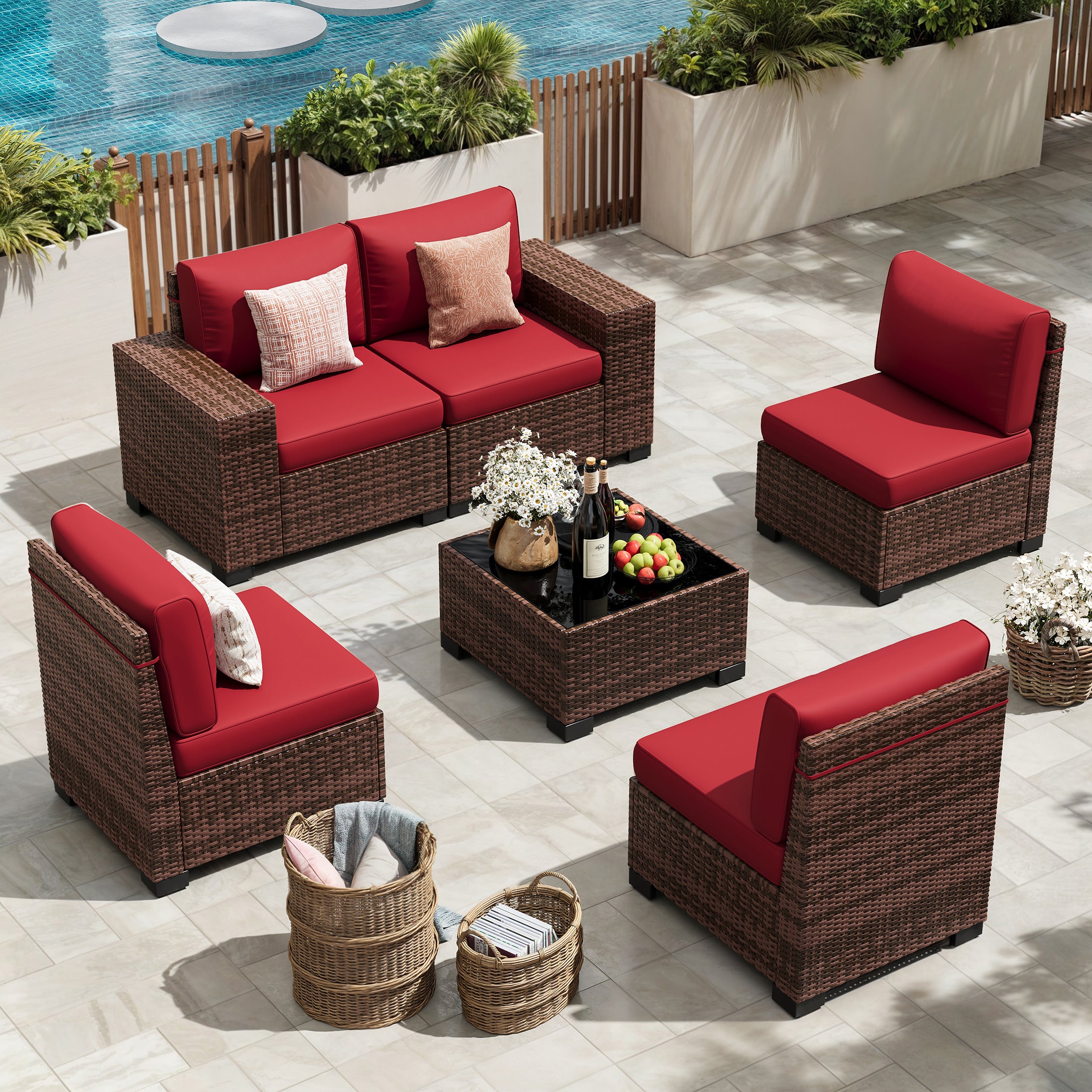 UDPATIO 6-Piece Patio Furniture Set, Outdoor Patio Sofa Set With Wide Armrest, All-Weather Wicker Rattan Guest Set With Cushion And Glass Table And Waterproof Cover,Brown & Wine Red