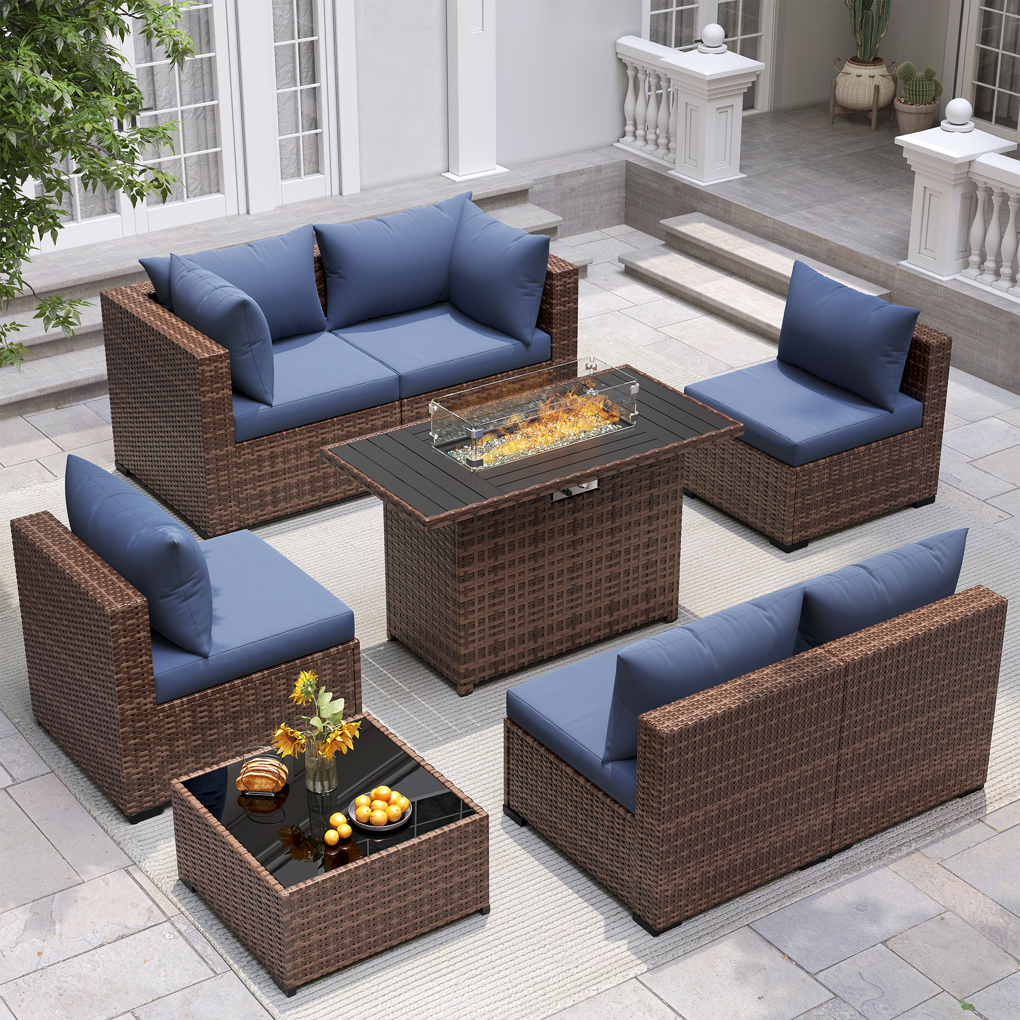 UDPATIO Outdoor Patio Furniture Set with Fire Pit Table, 8 Piece Outdoor Sectional Sofas, All-Weather Wicker Patio Conversation Set for Garden, Backyard