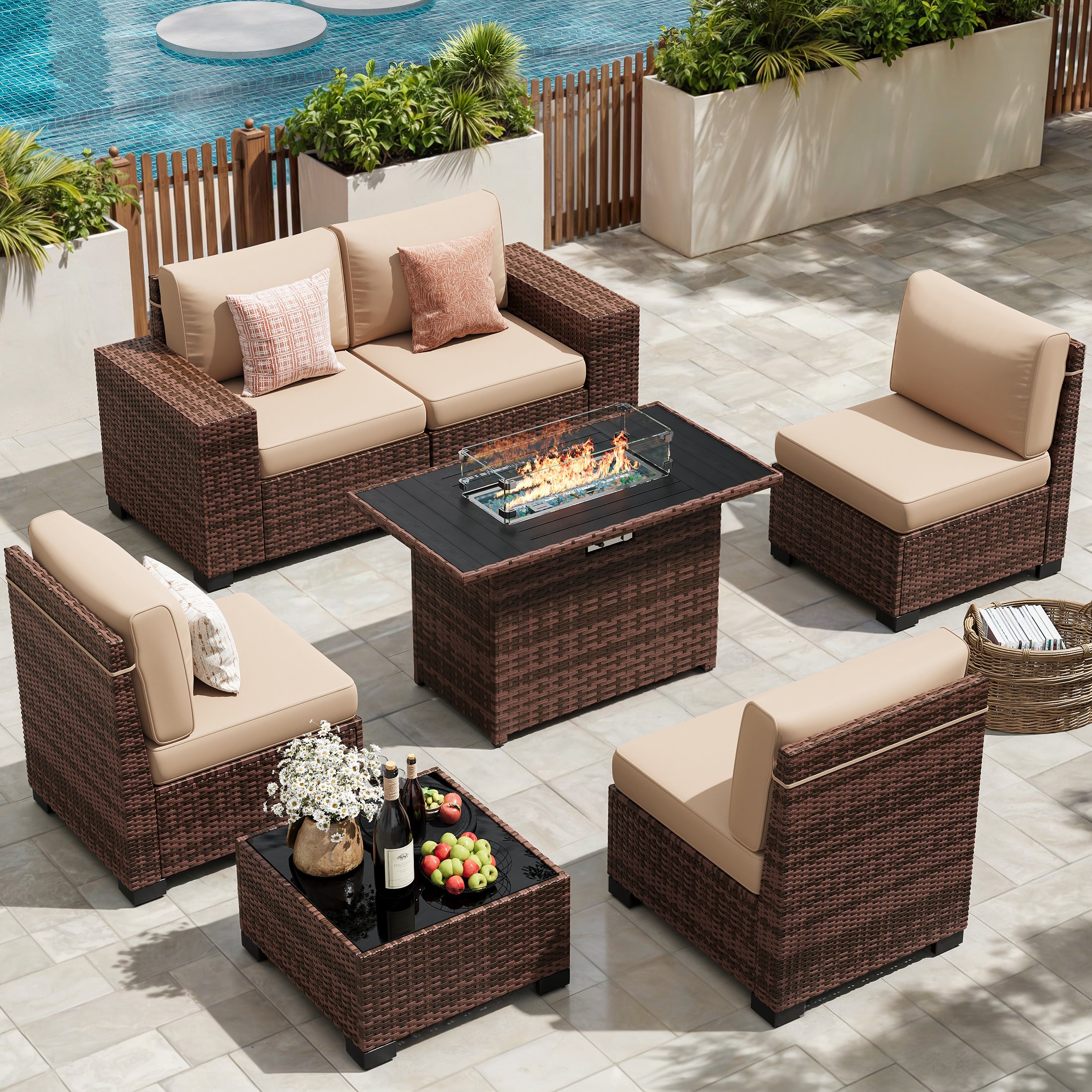 UDPATIO Patio Furniture Set with Fire Pit Table, Outdoor Patio Sofa Set With Wide Armrest, All-Weather Wicker Rattan Guest Set With Cushion And Glass Table And Waterproof Cover, Brown&Khaki