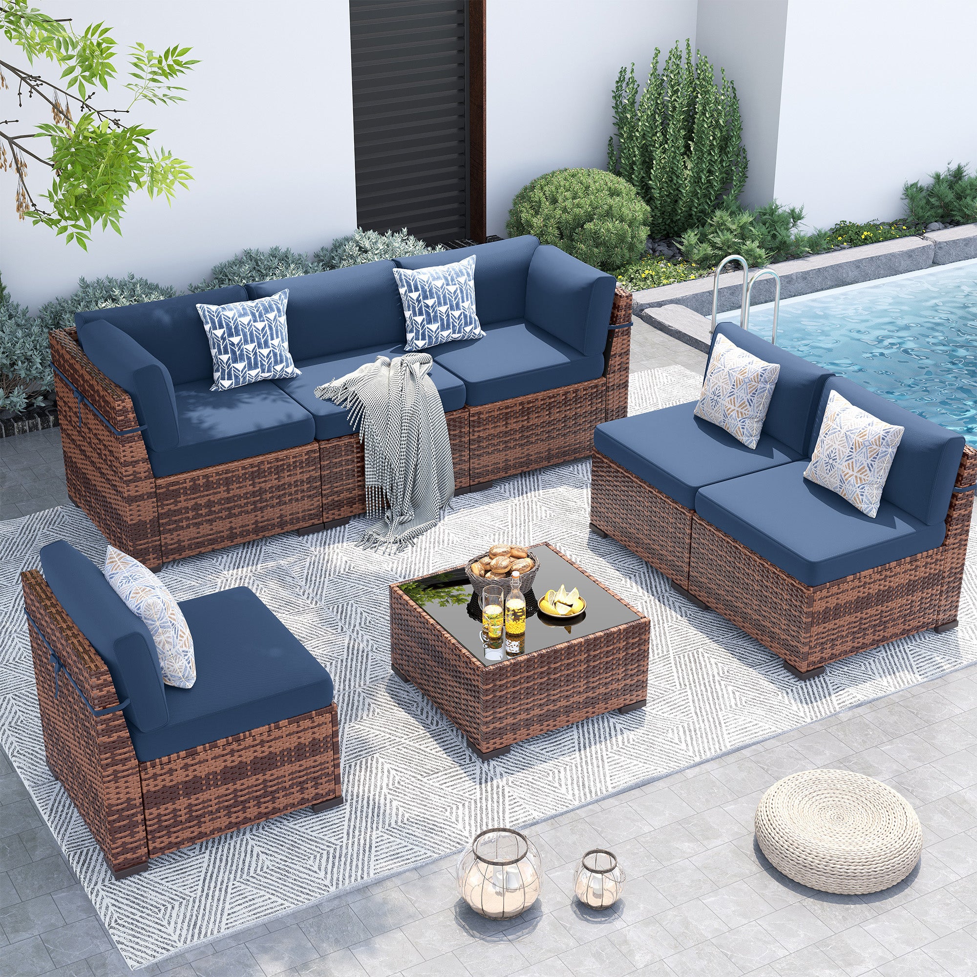 UDPATIO Patio Furniture Set,7 Pieces Outdoor Rattan Sectional Set,Modular Slanted Back Patio Conversation Set Heavy Duty Wicker Sofa for Backyard, Deck W/Coffee Table,4'' Thick Cushions,Cover