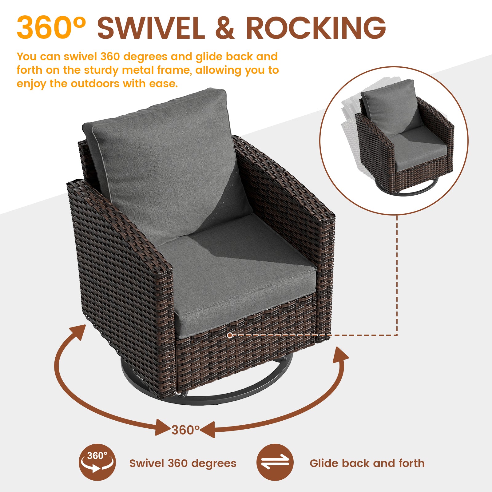 UDPATIO Patio Furniture Set, 6 Pieces Outdoor Sectional Couch, Brown Wicker Rattan Conversation Sofa with Swivel Rocking Chair, 4" Thick Cushion for Garden Backyard Deck, Dark Grey